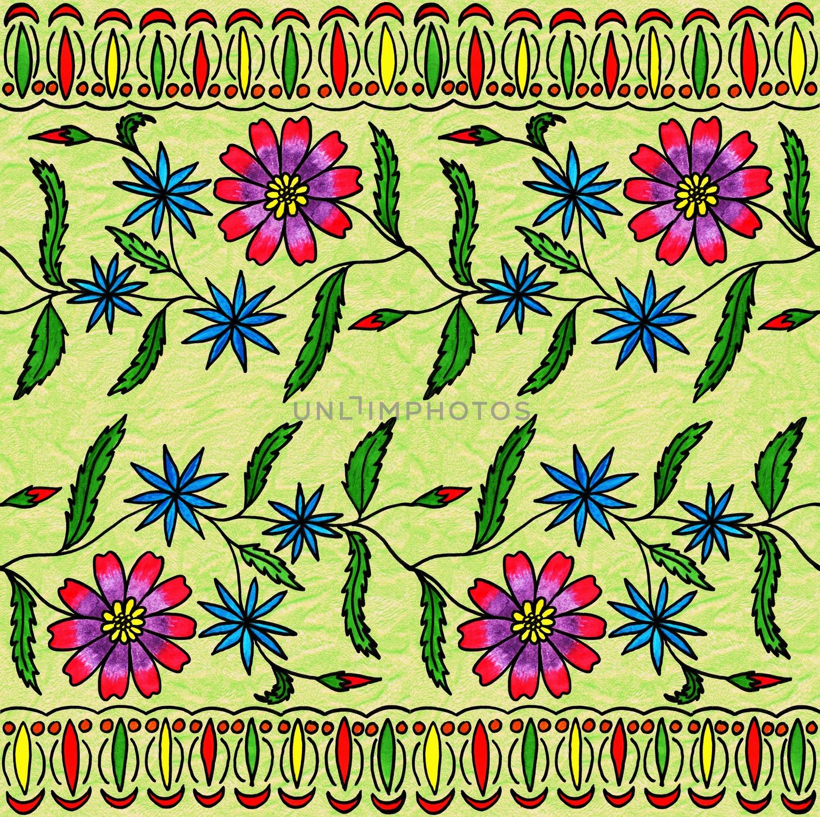 Seamless floral hand-drawing gouache. Bright cheerful colors