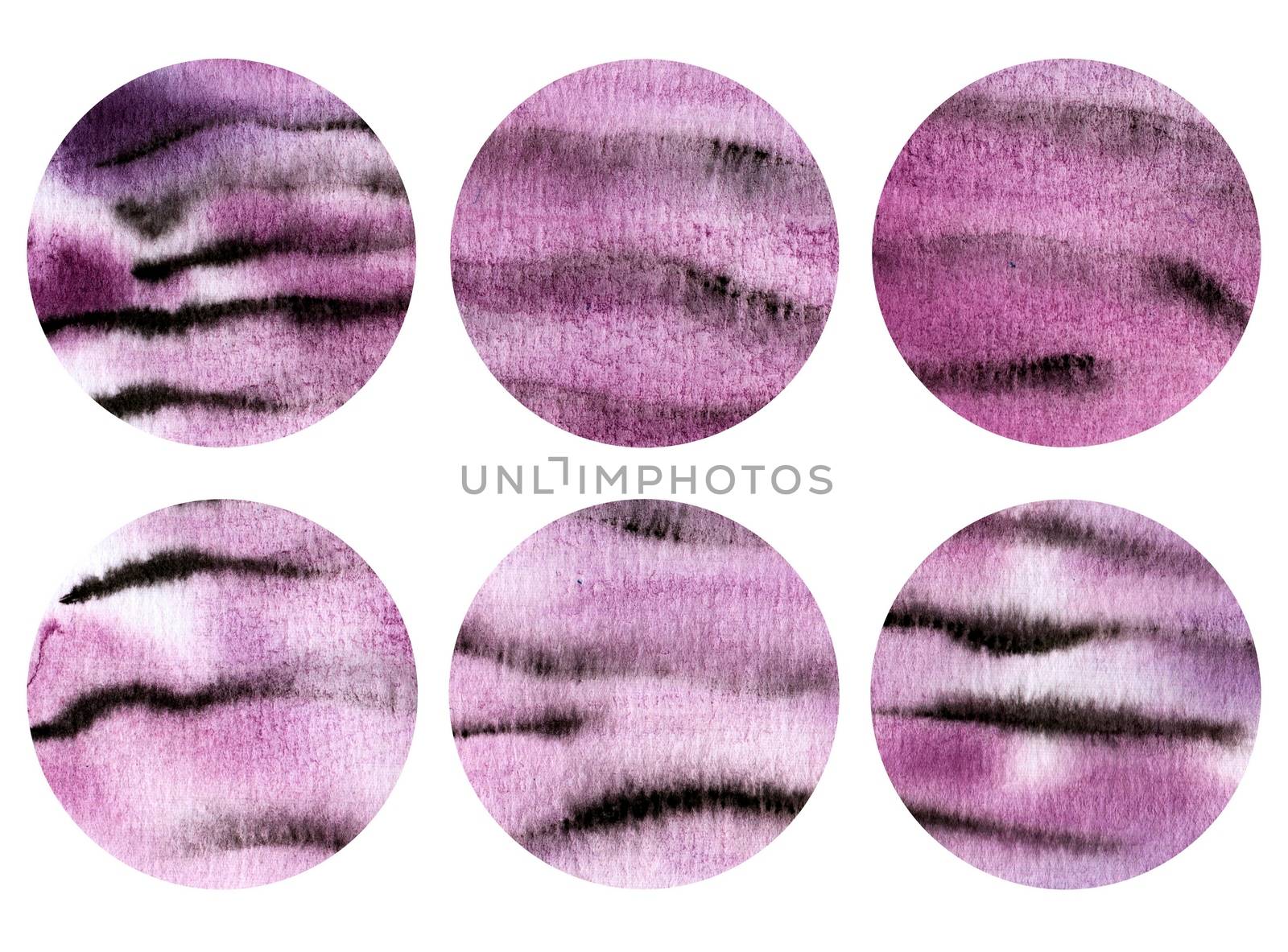 Set of 6 watercolor backgrounds in a circle. Background bubbles. Hand drawing watercolor. Beautiful watercolor stains.