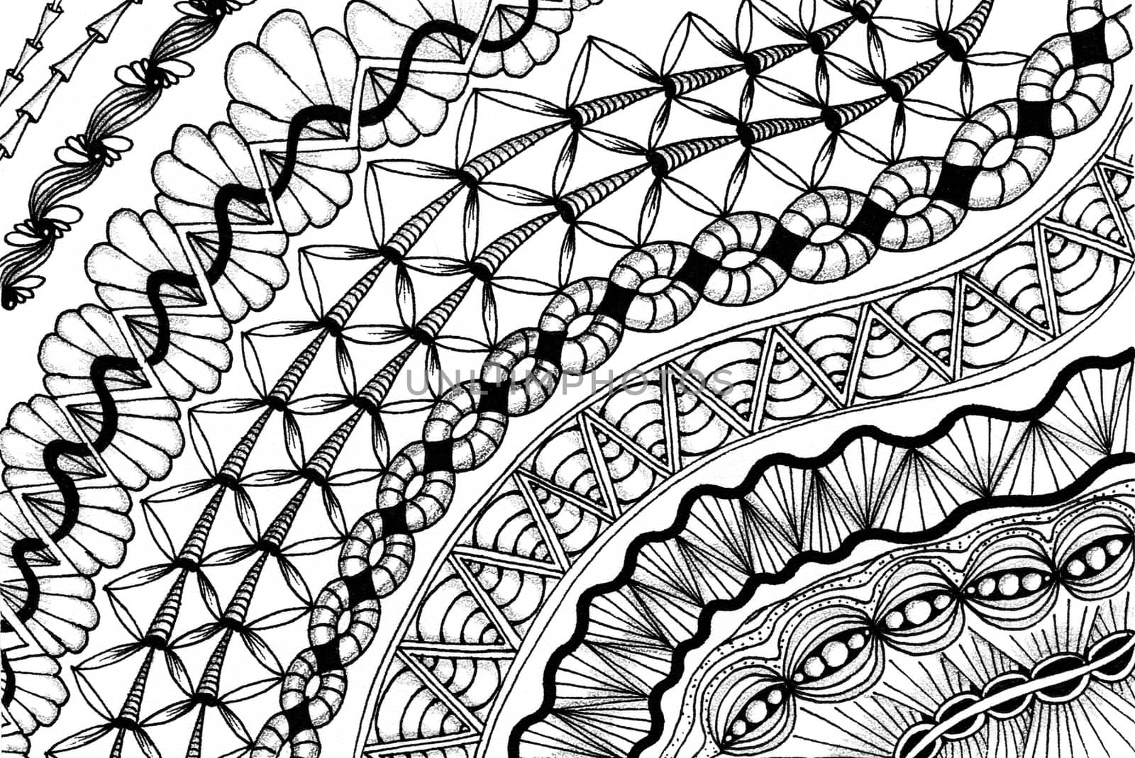 Zentangle - meditative drawing. Graphic patterns. Drawing lines