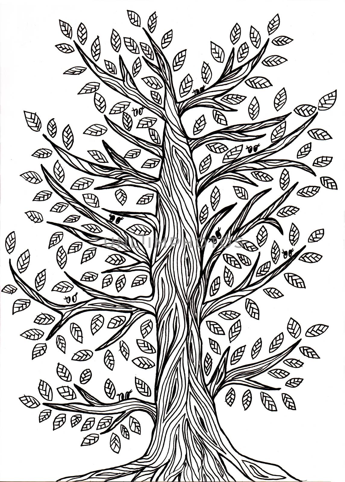 Handmade graphic drawing of a tree with leaves by Julia_Faranchuk