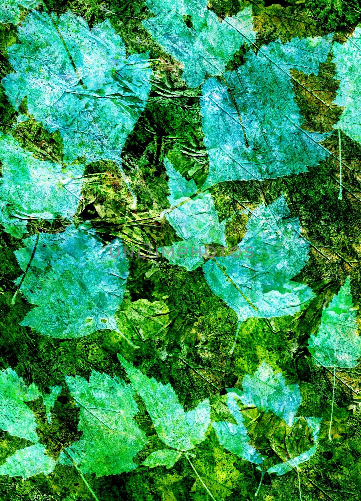 Abstract watercolor background handmade leaves. Mixed media background. Crumpled paper, leaves, spray