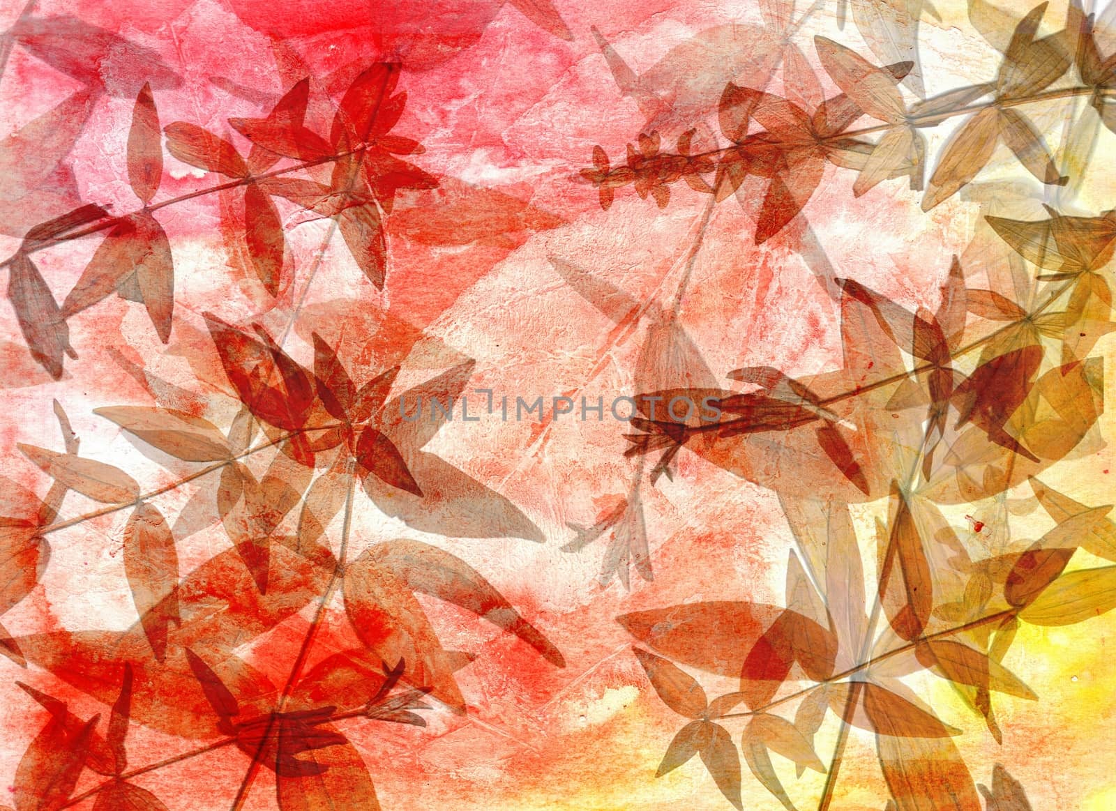 Abstract watercolor background handmade branch plant. Mixed media background. Crumpled paper, leaves, spray