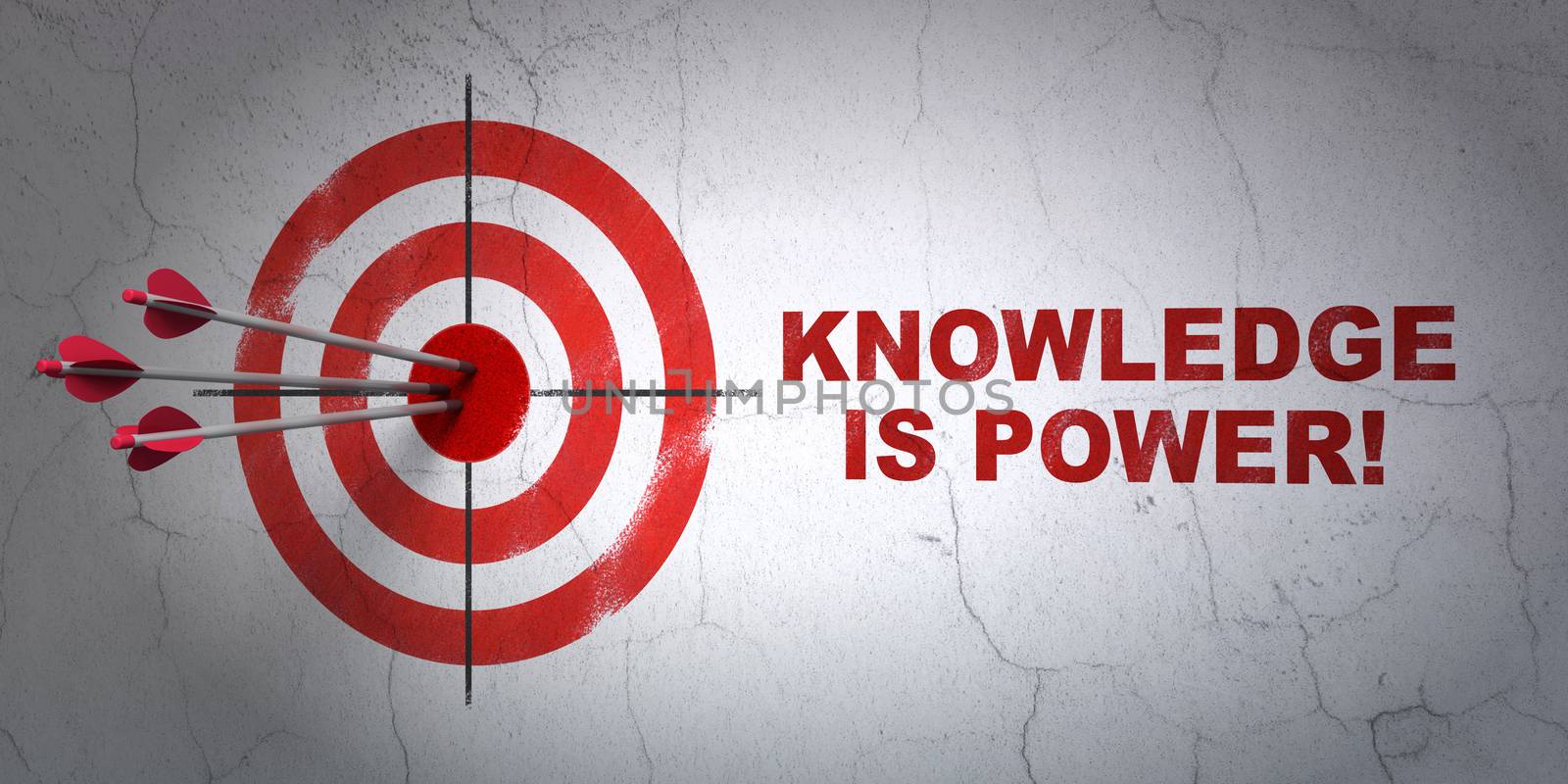 Success Studying concept: arrows hitting the center of target, Red Knowledge Is power! on wall background