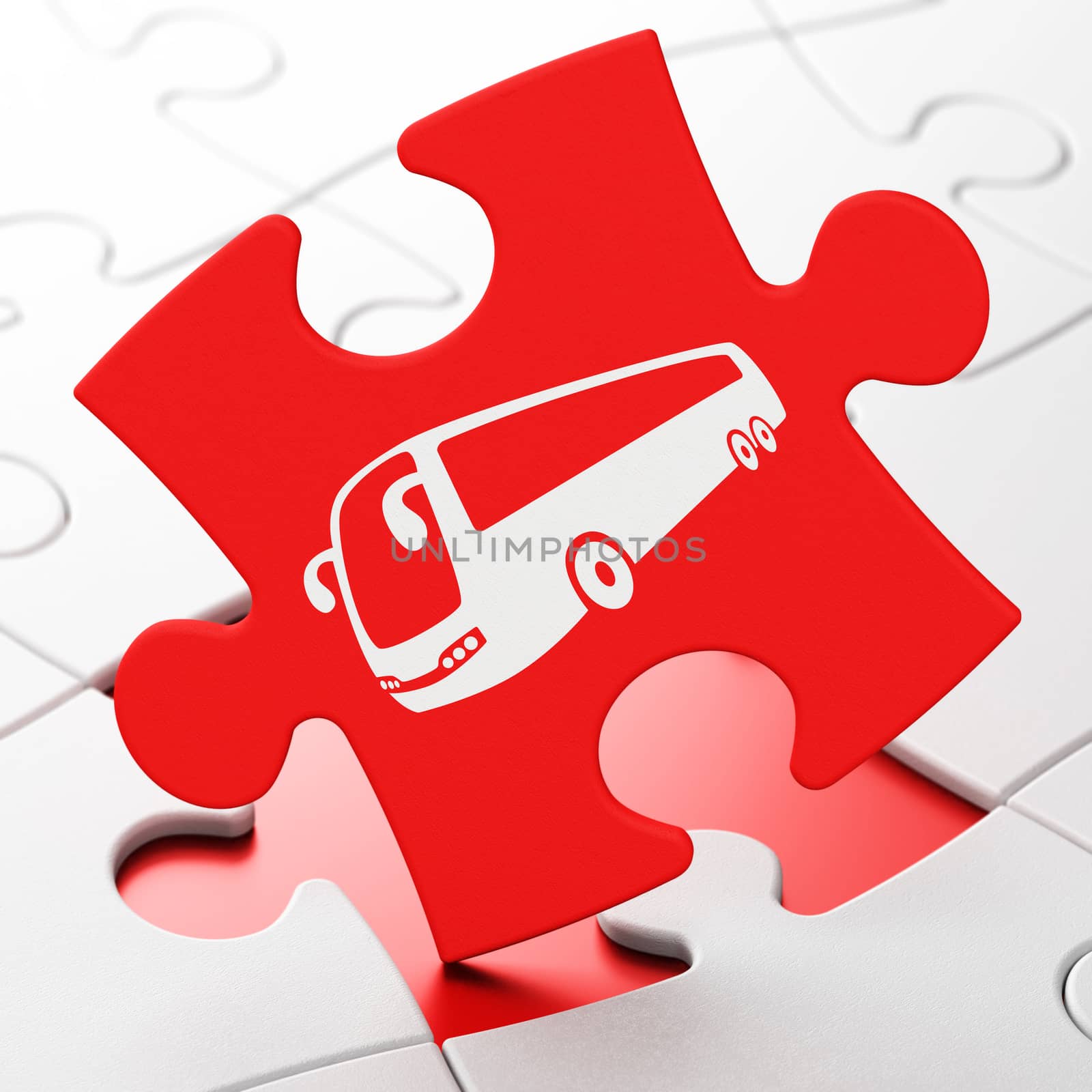 Travel concept: Bus on Red puzzle pieces background, 3d render