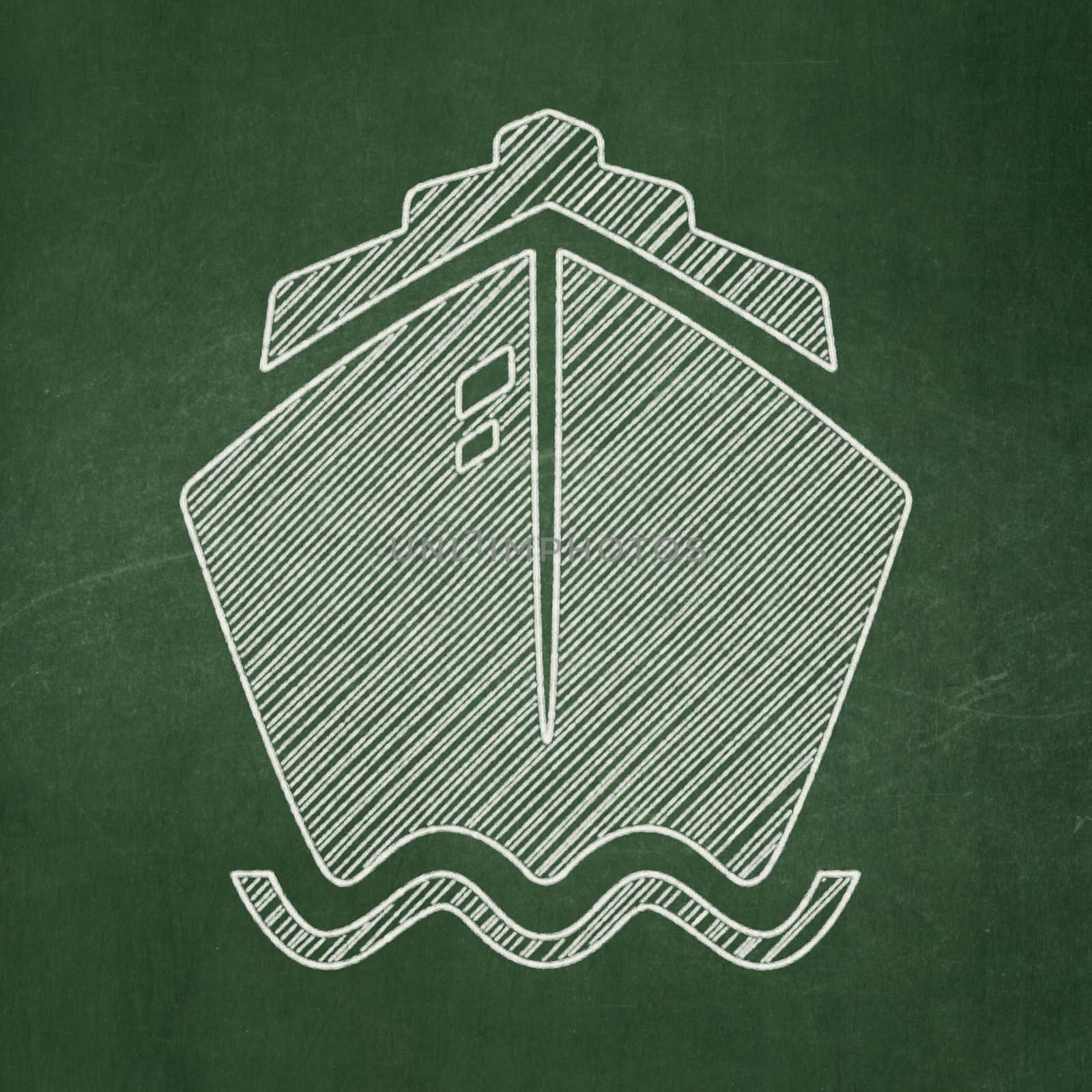 Vacation concept: Ship icon on Green chalkboard background