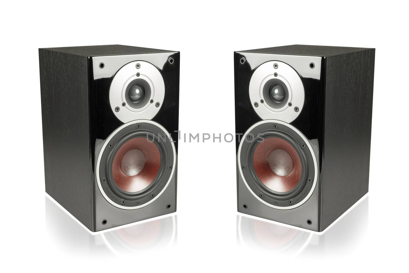 Big black speakers isolated on white background