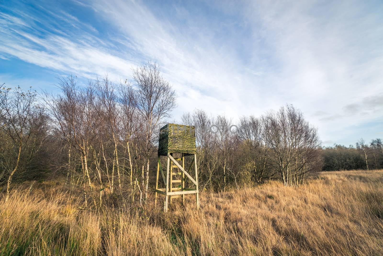 Autumn nature with a hunting tower on a field