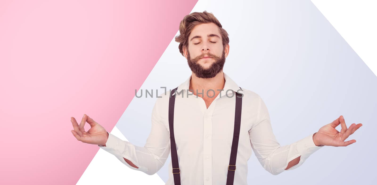 Hipster meditating arms outstretched against pink background
