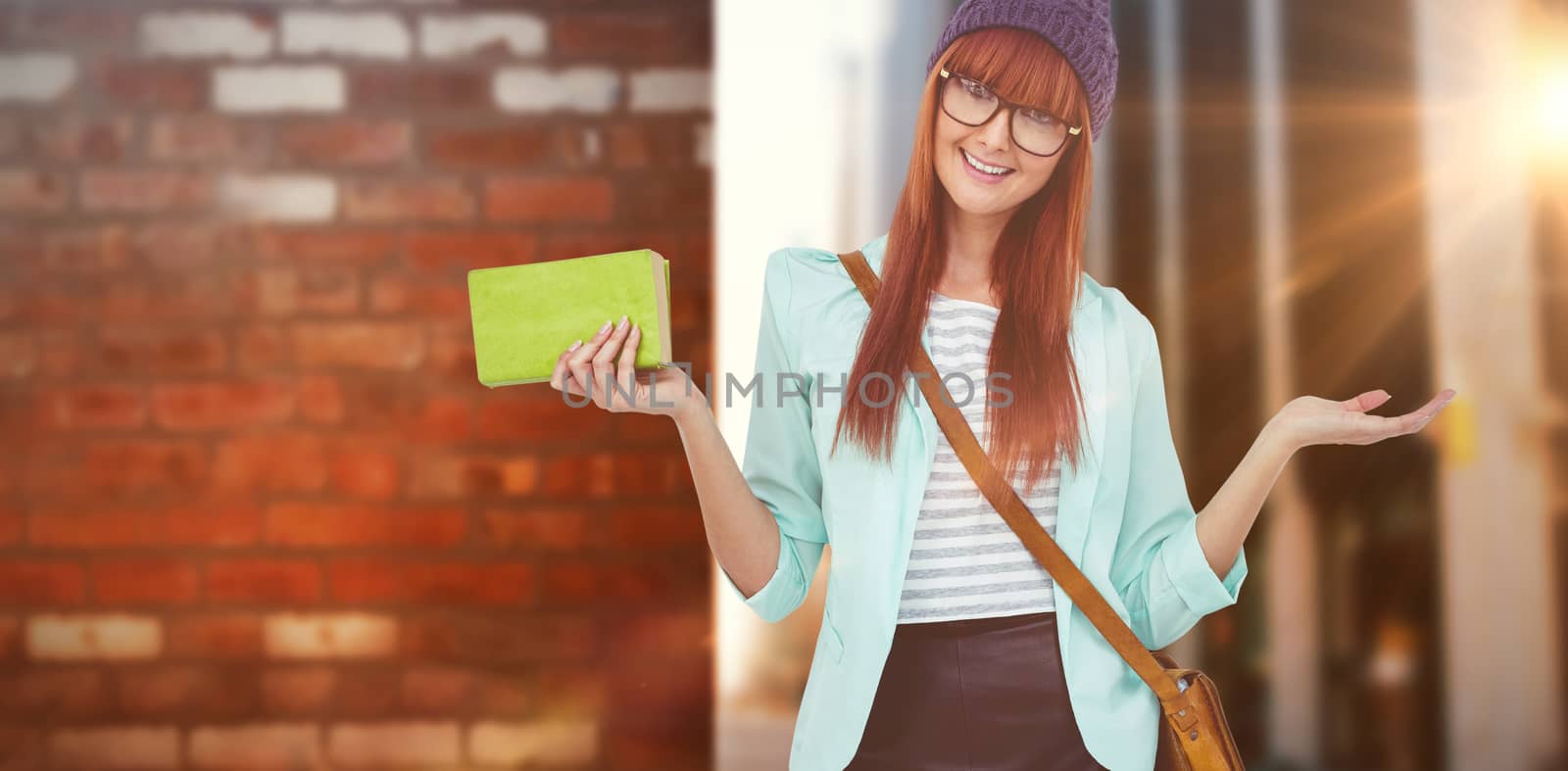 Composite image of smiling hipster woman with bag and book by Wavebreakmedia