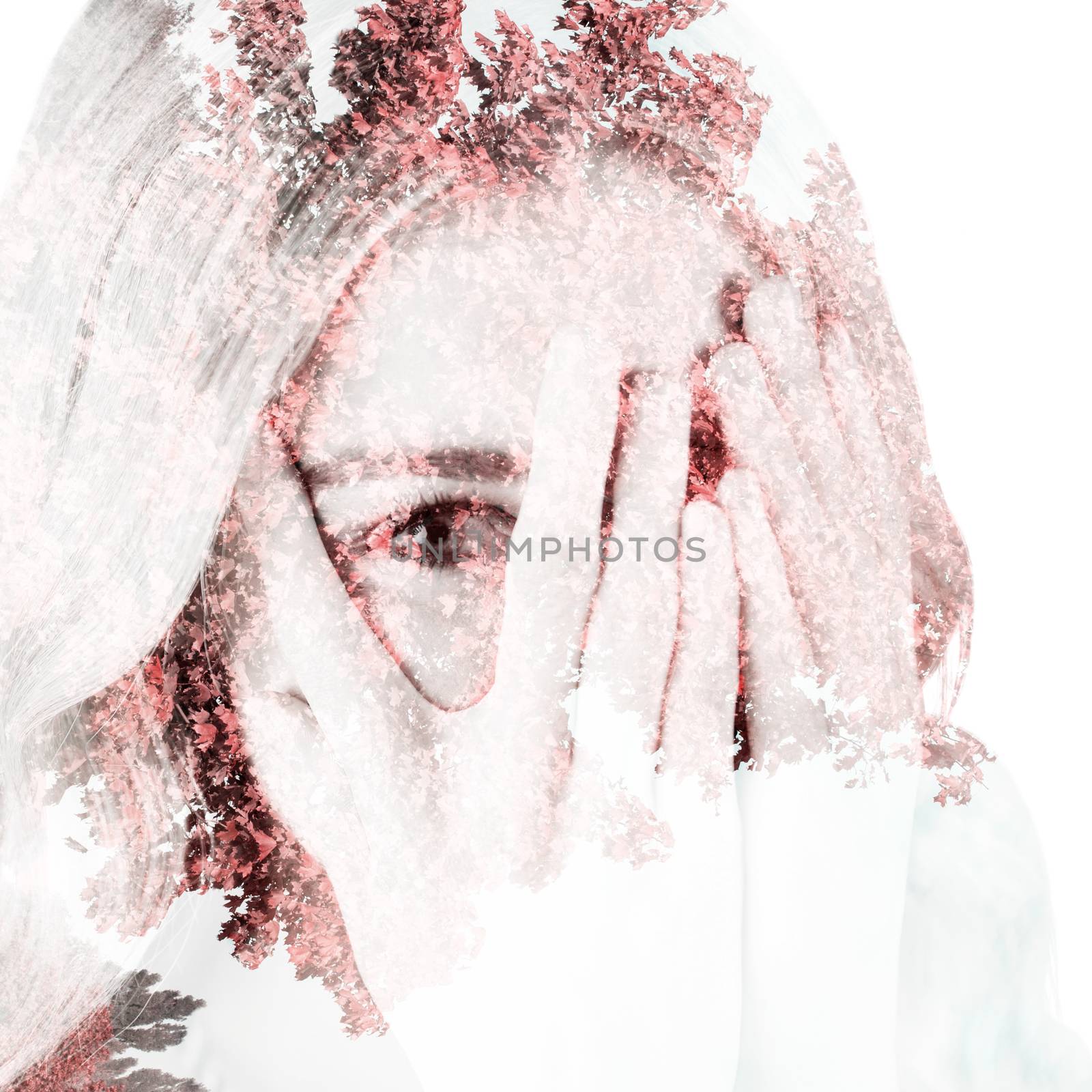 Composite image of beautiful blonde woman hiding behind hands by Wavebreakmedia