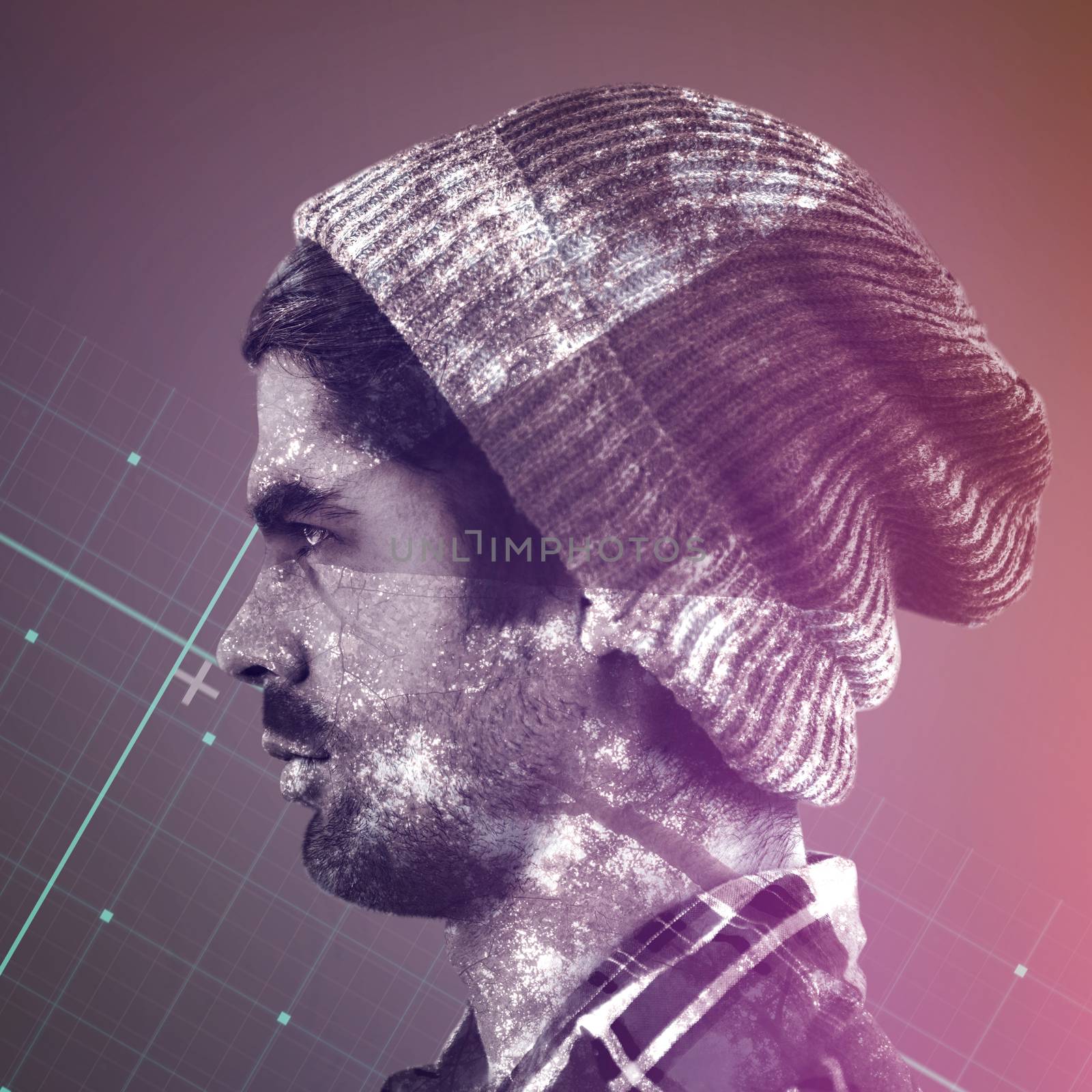 Profile view of confident hipster against grey matrix
