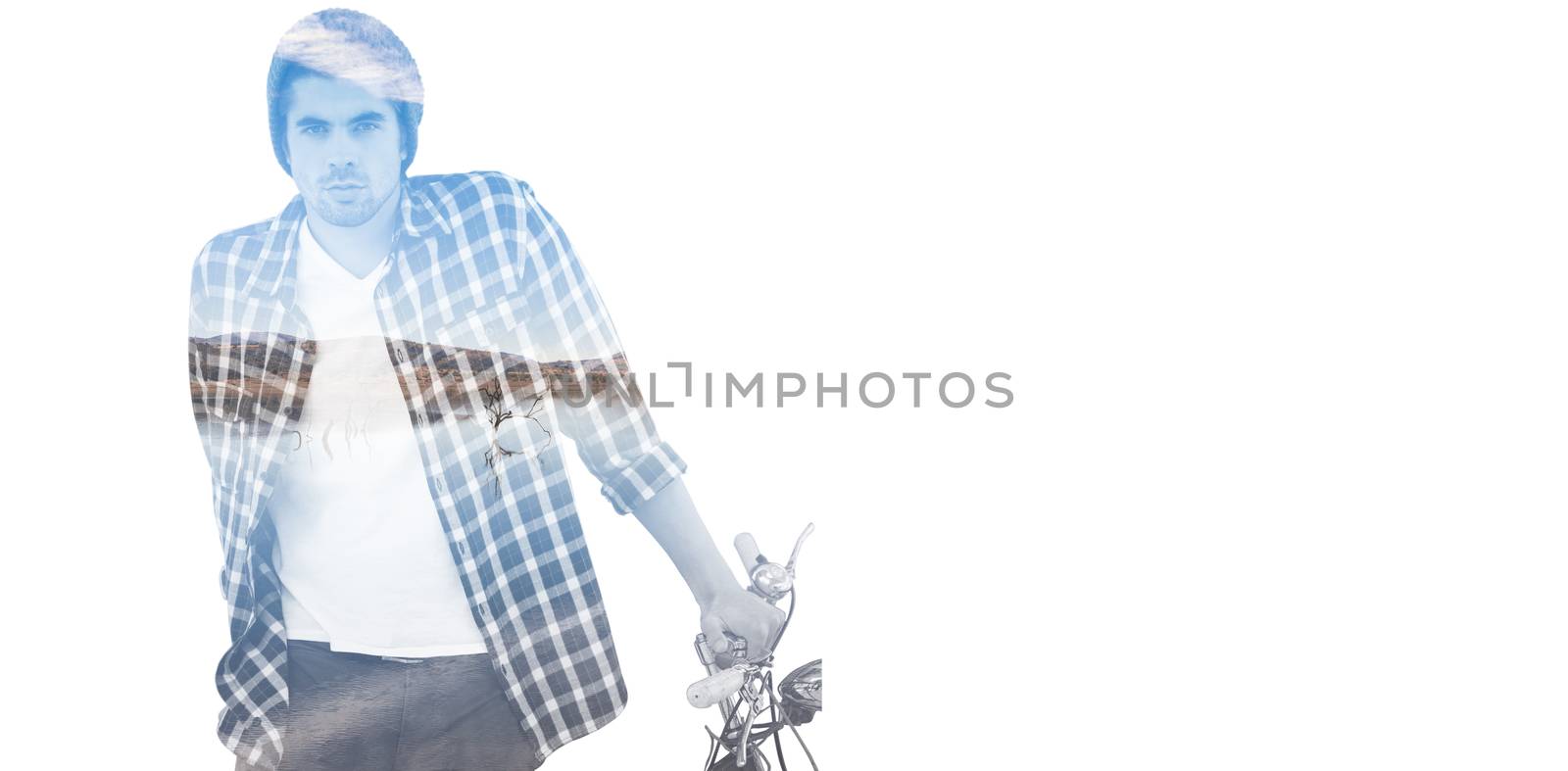 Composite image of portrait of man wearing knitted hat standing with bicycle by Wavebreakmedia