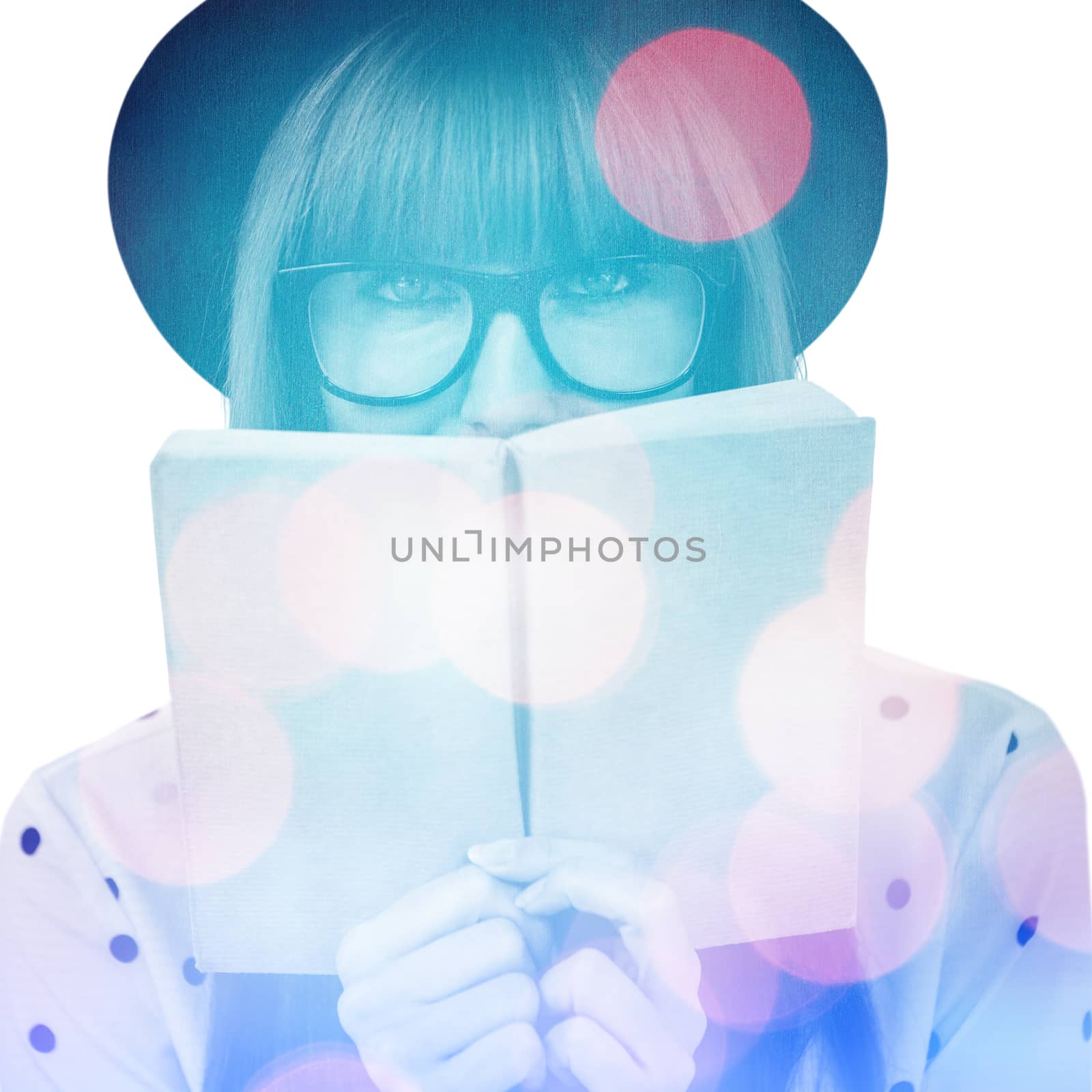 Hipster woman behind a green book against background of multiple color