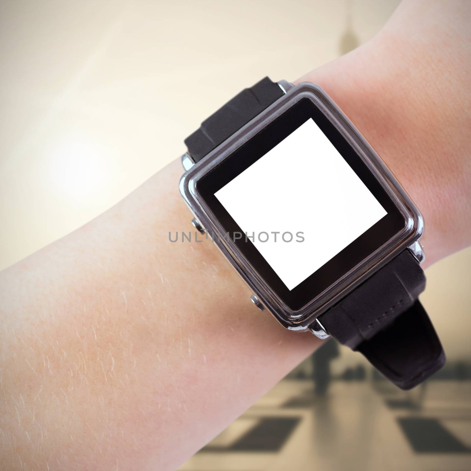 Composite image of woman using smartwatch  by Wavebreakmedia