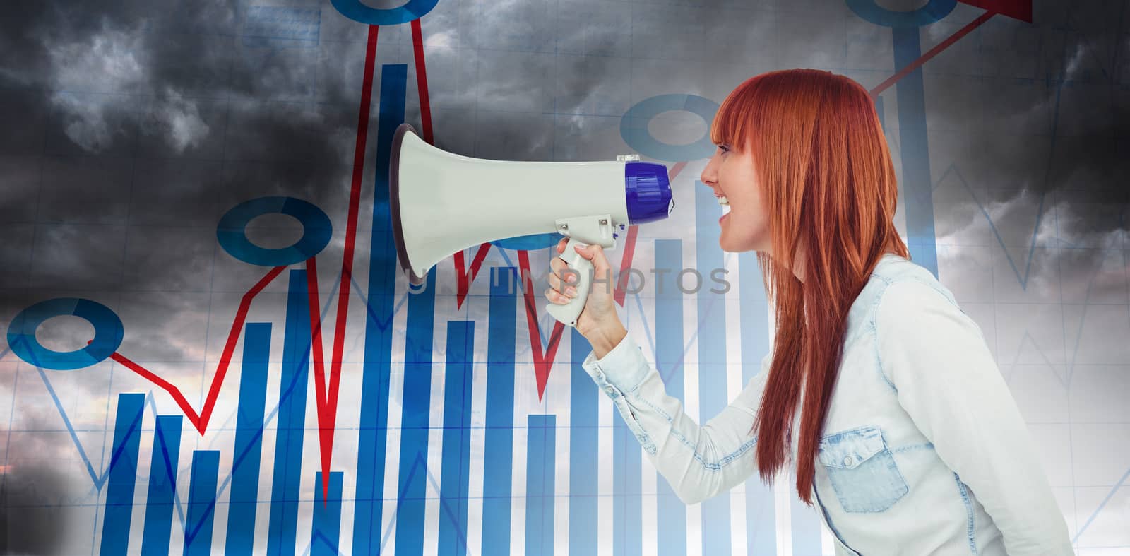 Side view of a hipster woman shooting through megaphone against blue data