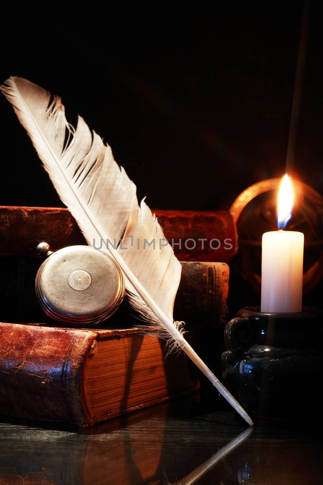 Vintage still life with old pocket watch and other retro things