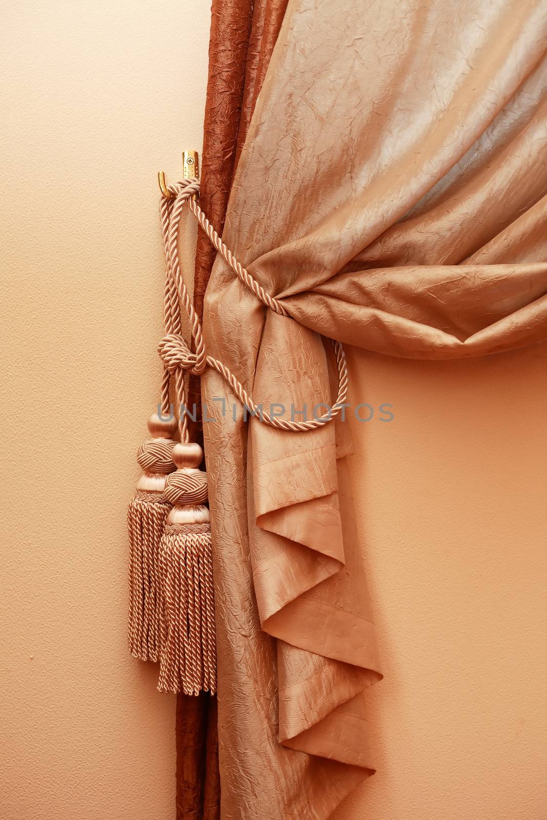 Home interior fragment. Closeup of nice vintage curtain with lace