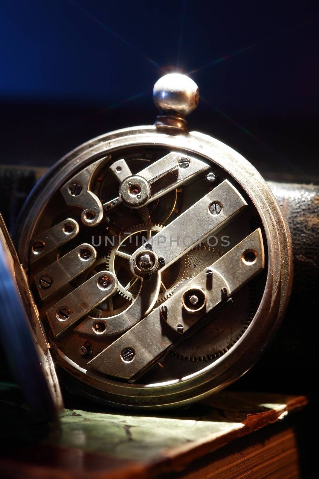 Vintage still life. Closeup of old pocket watch mechanism