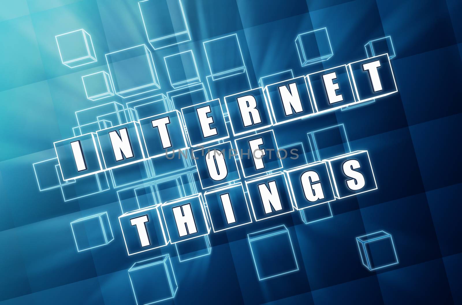 internet of things, remote control in network - text in 3d blue glass cubes with white letters, high technologies concept