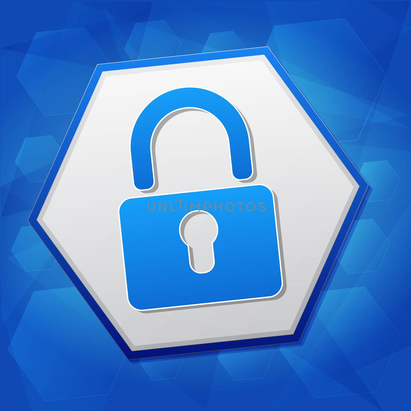 padlock sign over blue background with flat design hexagons, technical security concept symbol