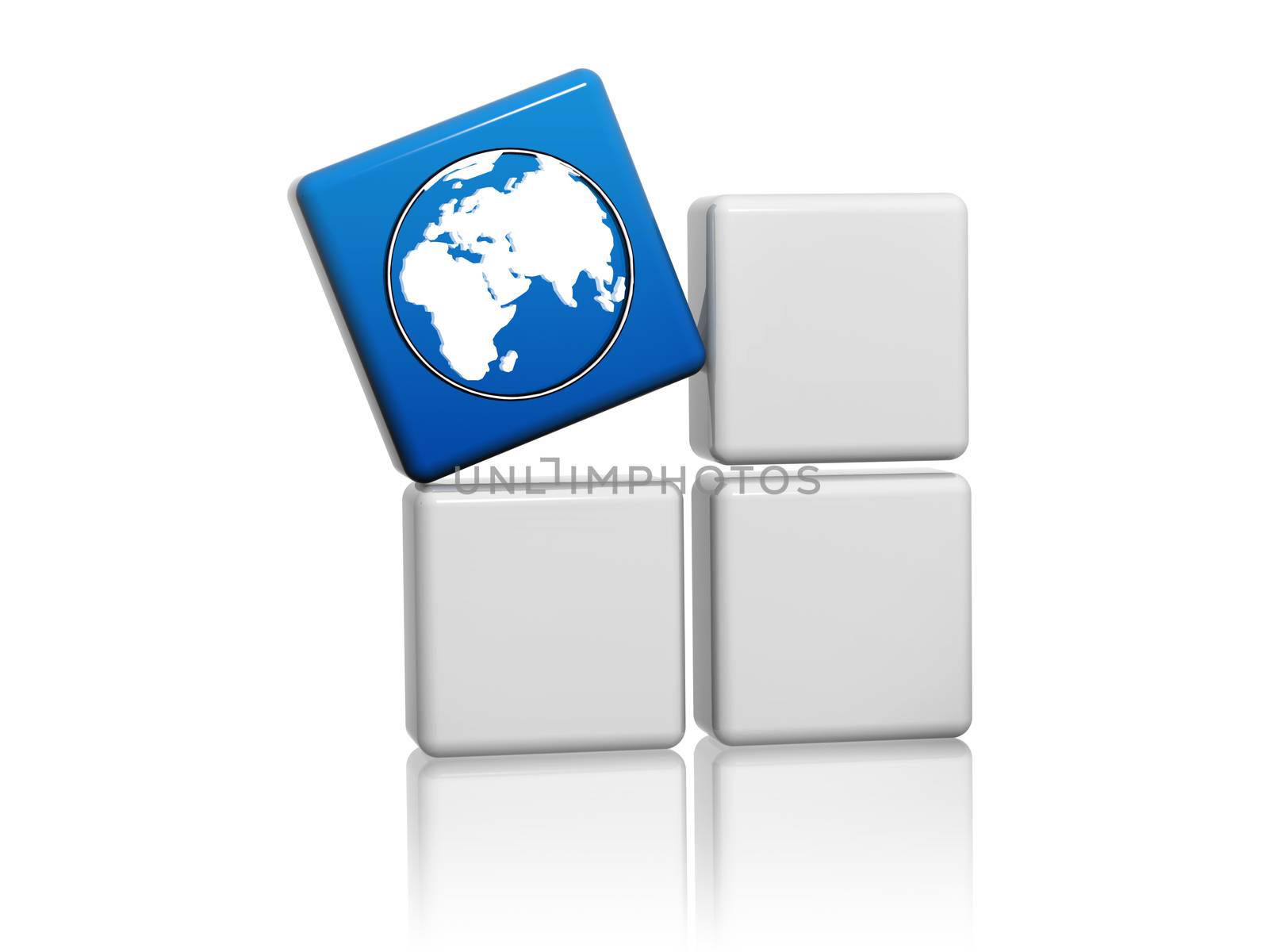 world globe sign - 3d blue cube with white symbol on grey boxes, global connection concept