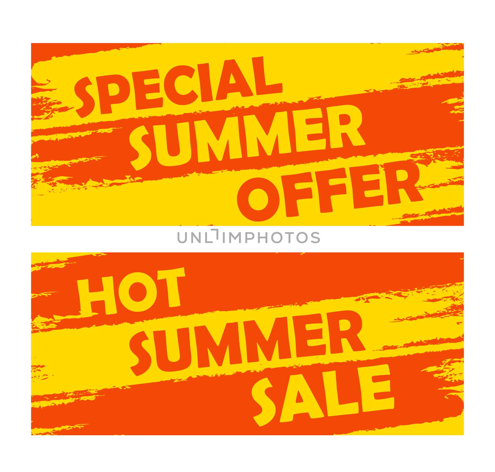summer special offer and hot sale banners - text in yellow orange drawn labels, business seasonal shopping concept
