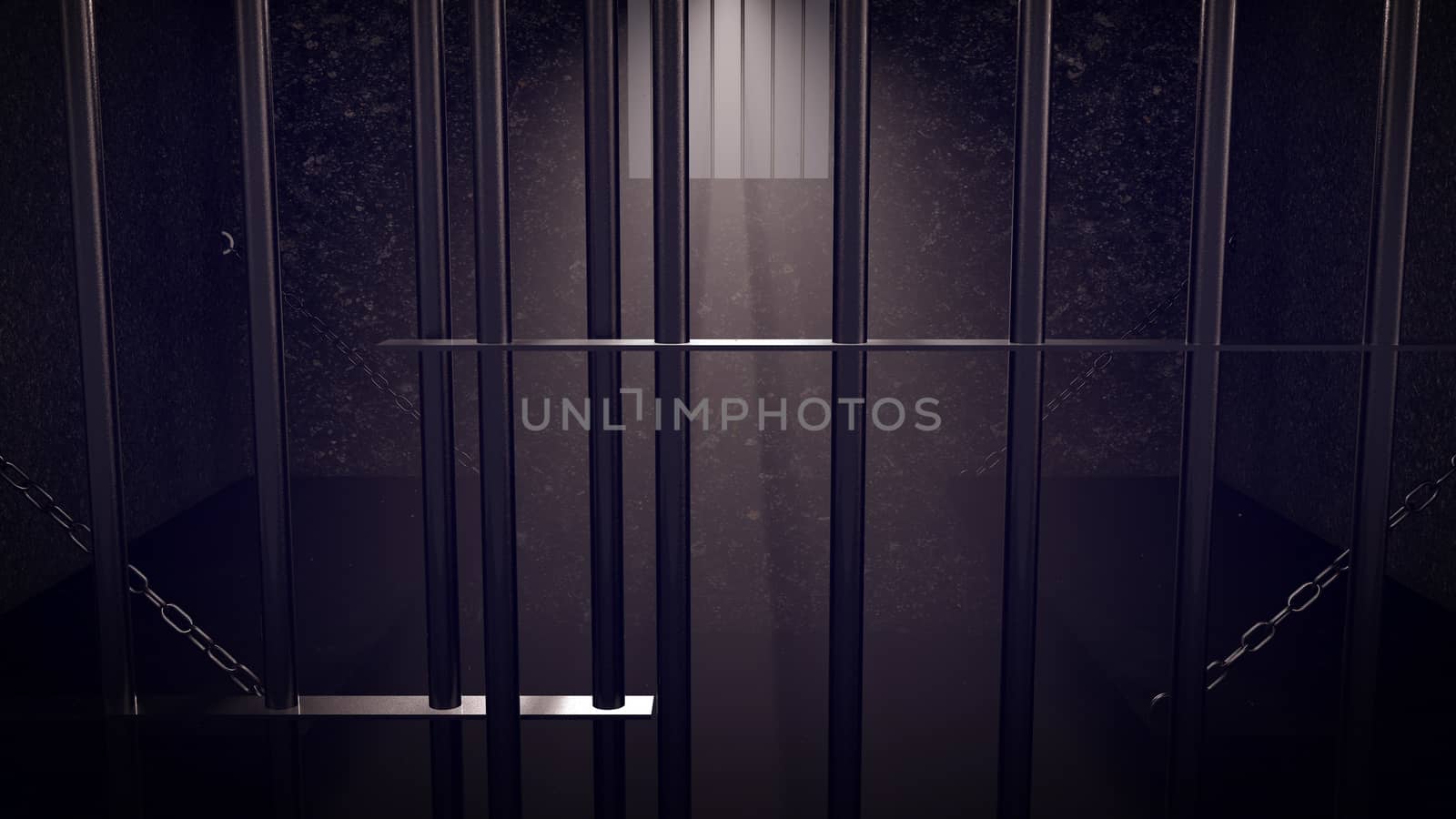 3D Render of locked prison cell for two persons. Dark atmosphere.