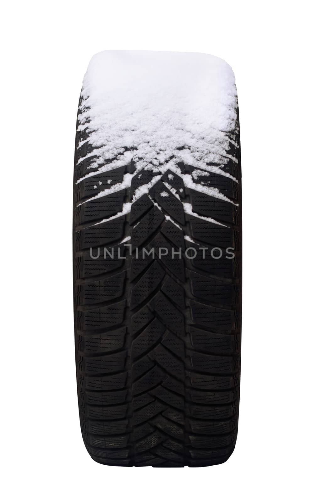 Close up of an old tire half covered in snow isolated on white background