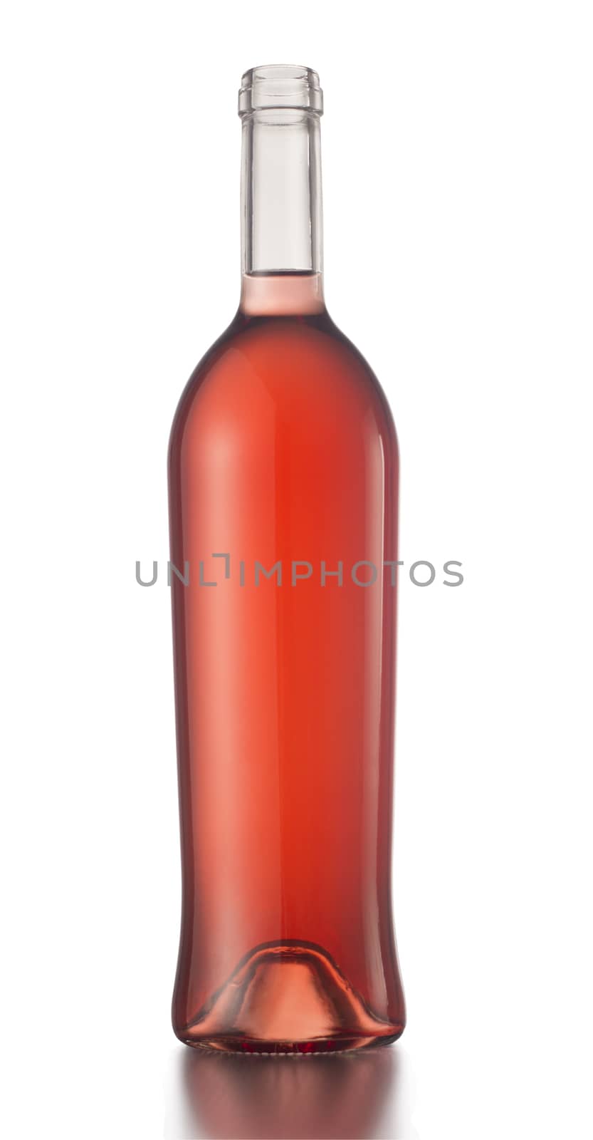Rose wine bottle with no label and no cap isolated on white background