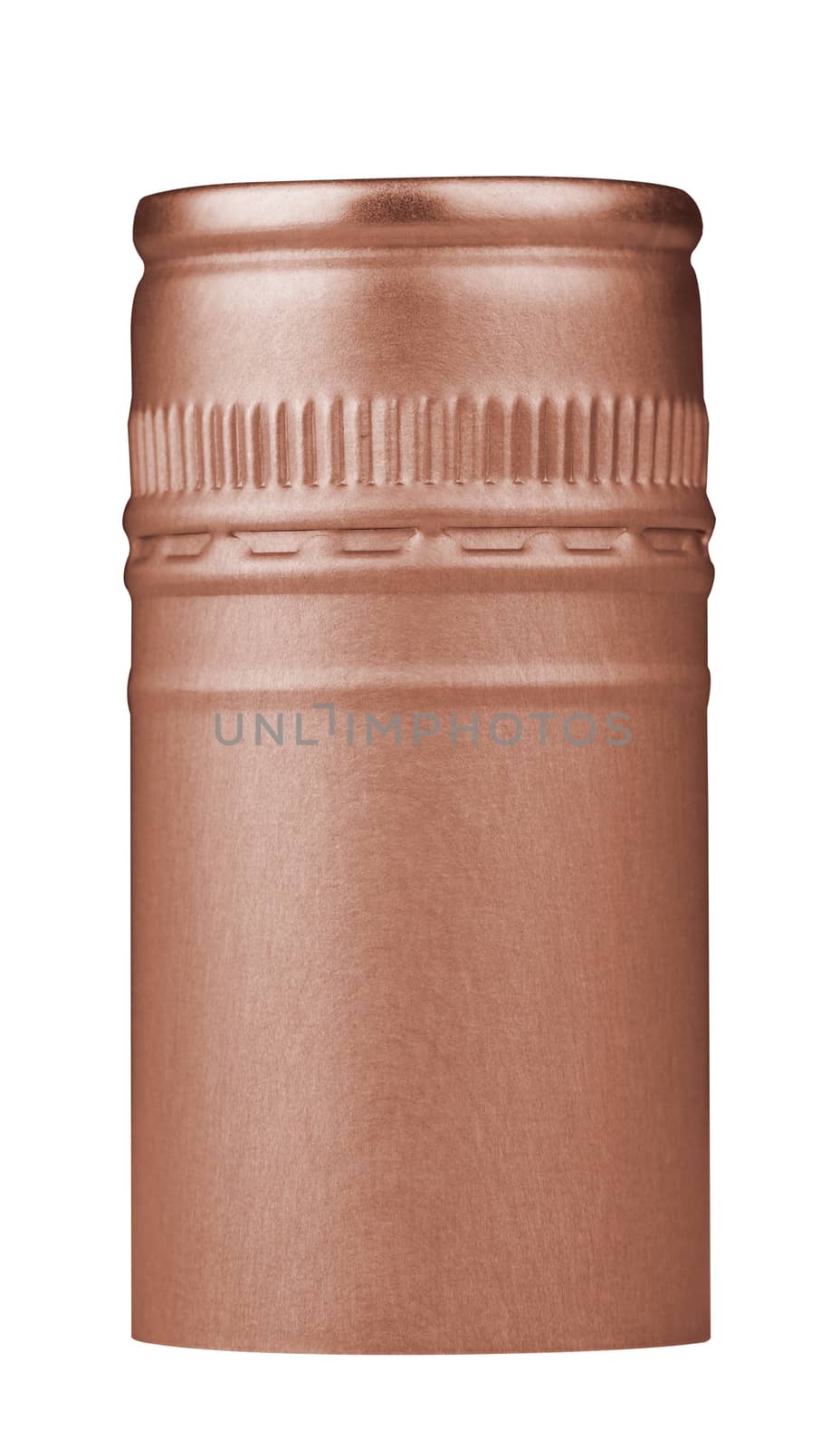 Macro front view of a copper screw cap isolated on white background