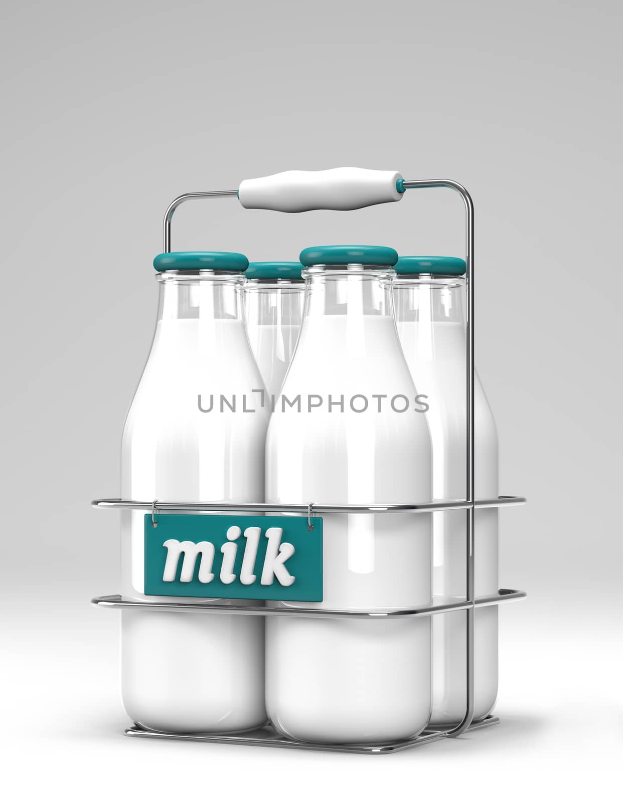 Four glass bottles of milk with light blue caps in a metal carrying case with holder and word milk written on the front on white background