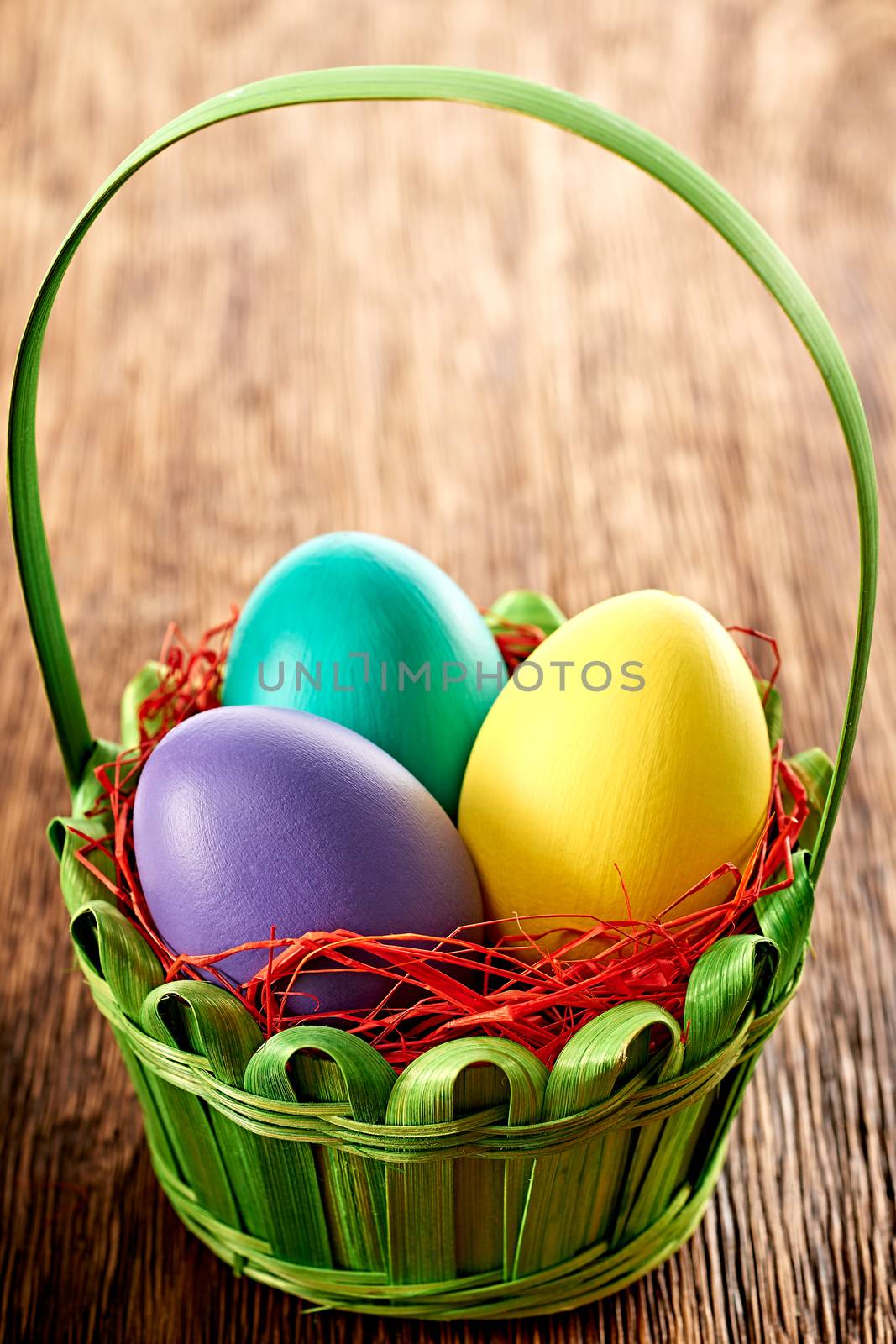 Easter painted eggs in basket, handmade on wood by 918