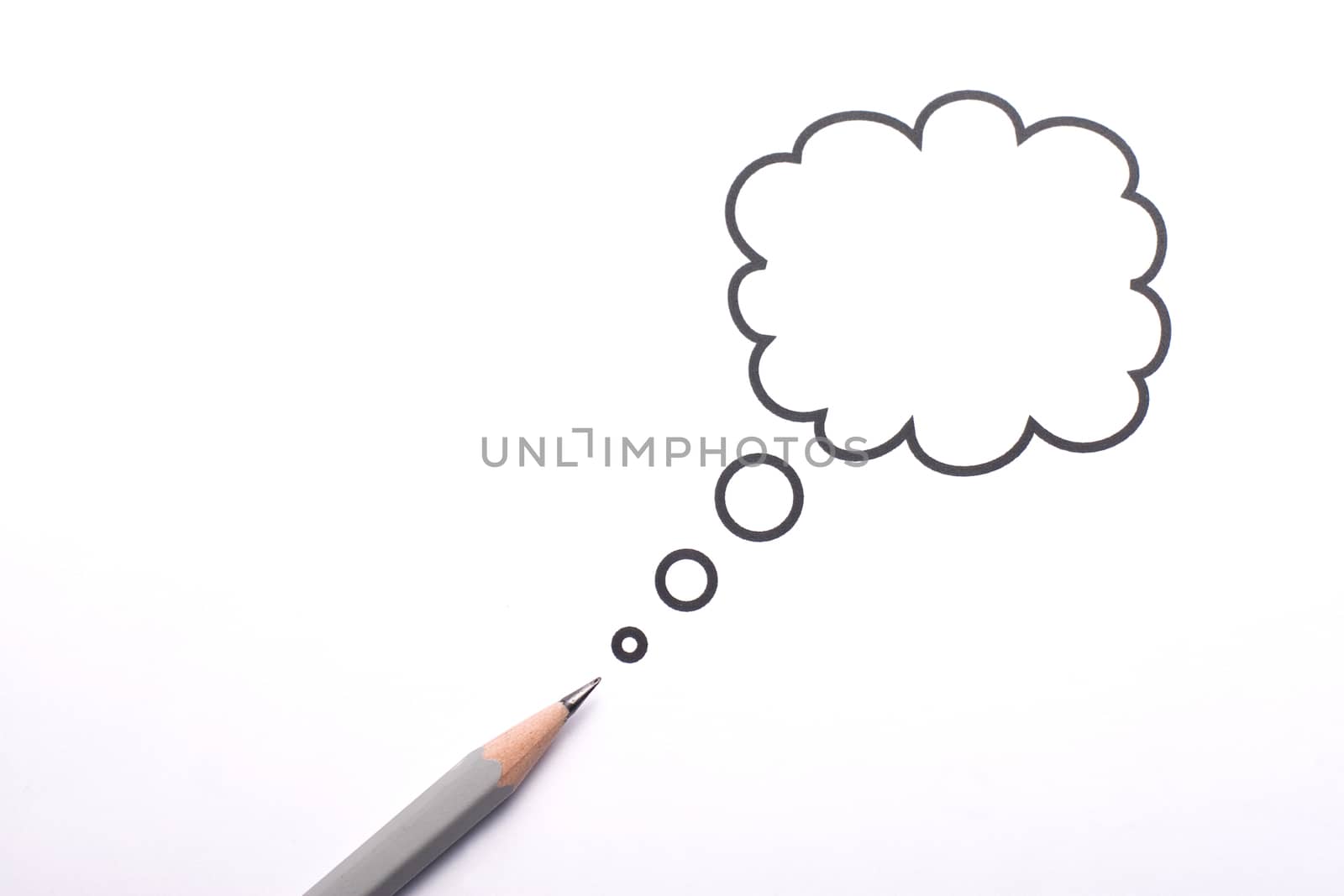 Top view of a grey pencil with a speech bubble isolated on white background