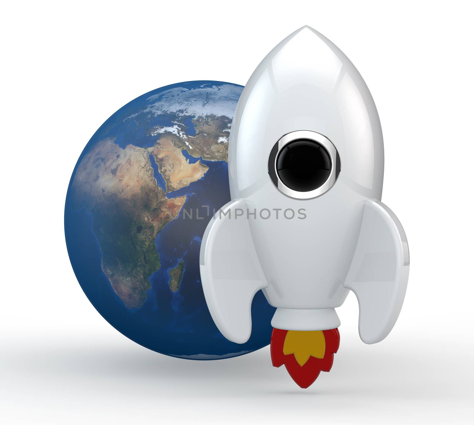 3D render of a symbolic rocket. The rocket is painted in white.  Yellow and red flames come out from its thrusters.  In the middle of the rocket there is a chrome, black glass window. At the back of the rocket there is planet earth.