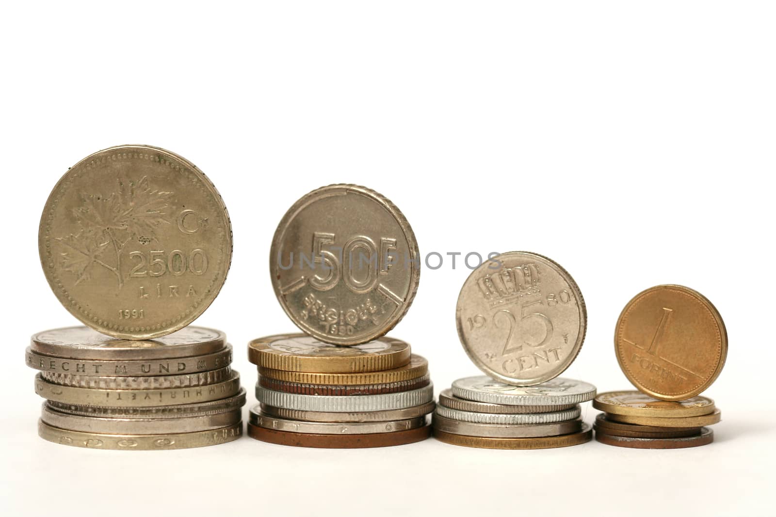 Coins of different currency on white background