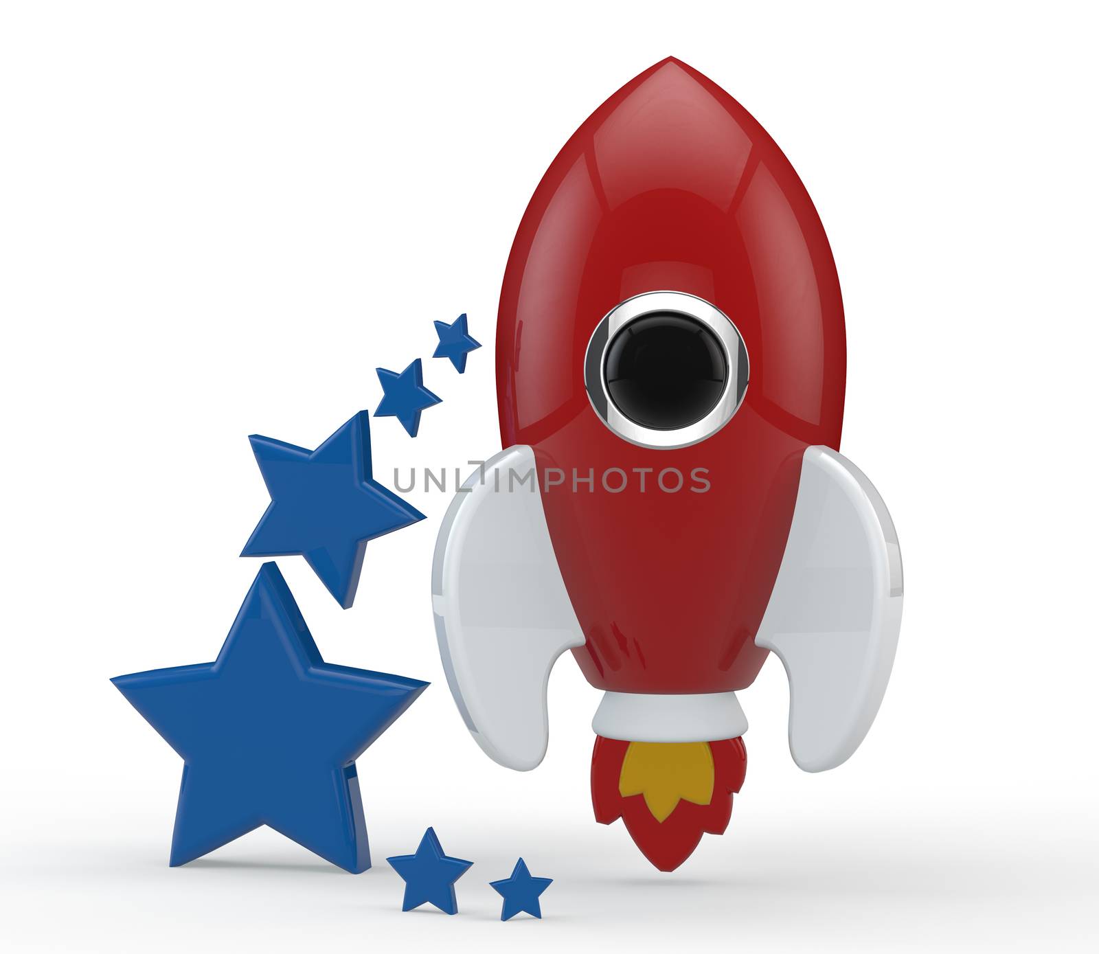 3D render of a symbolic rocket with six blue stars on its left. The rocket is painted in red and has white wings and red and yellow flames from its thrusters. All elements are isolated on white.