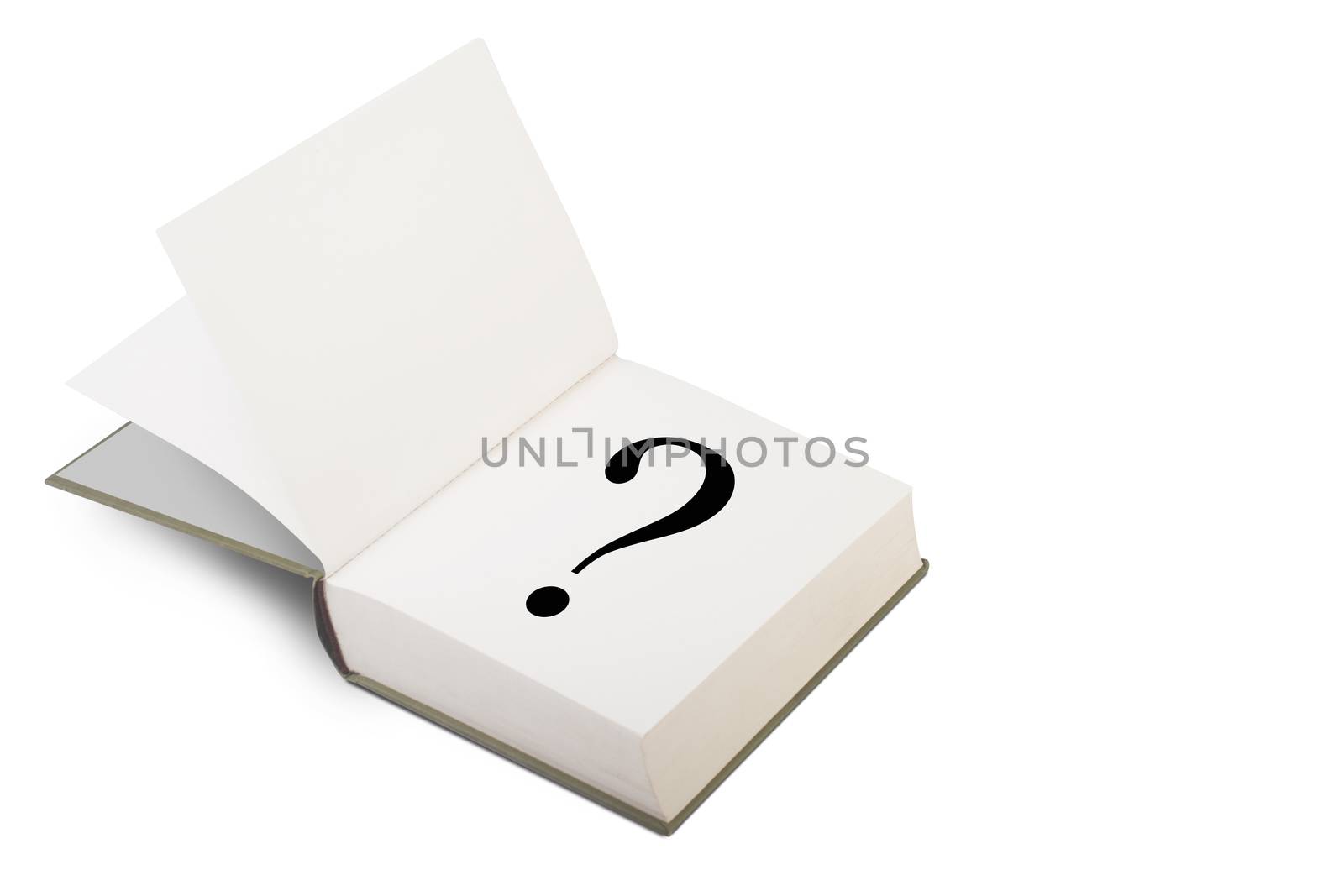 An open hard cover book with blank pages with the question mark sign written on the right page. Isolated on white background.