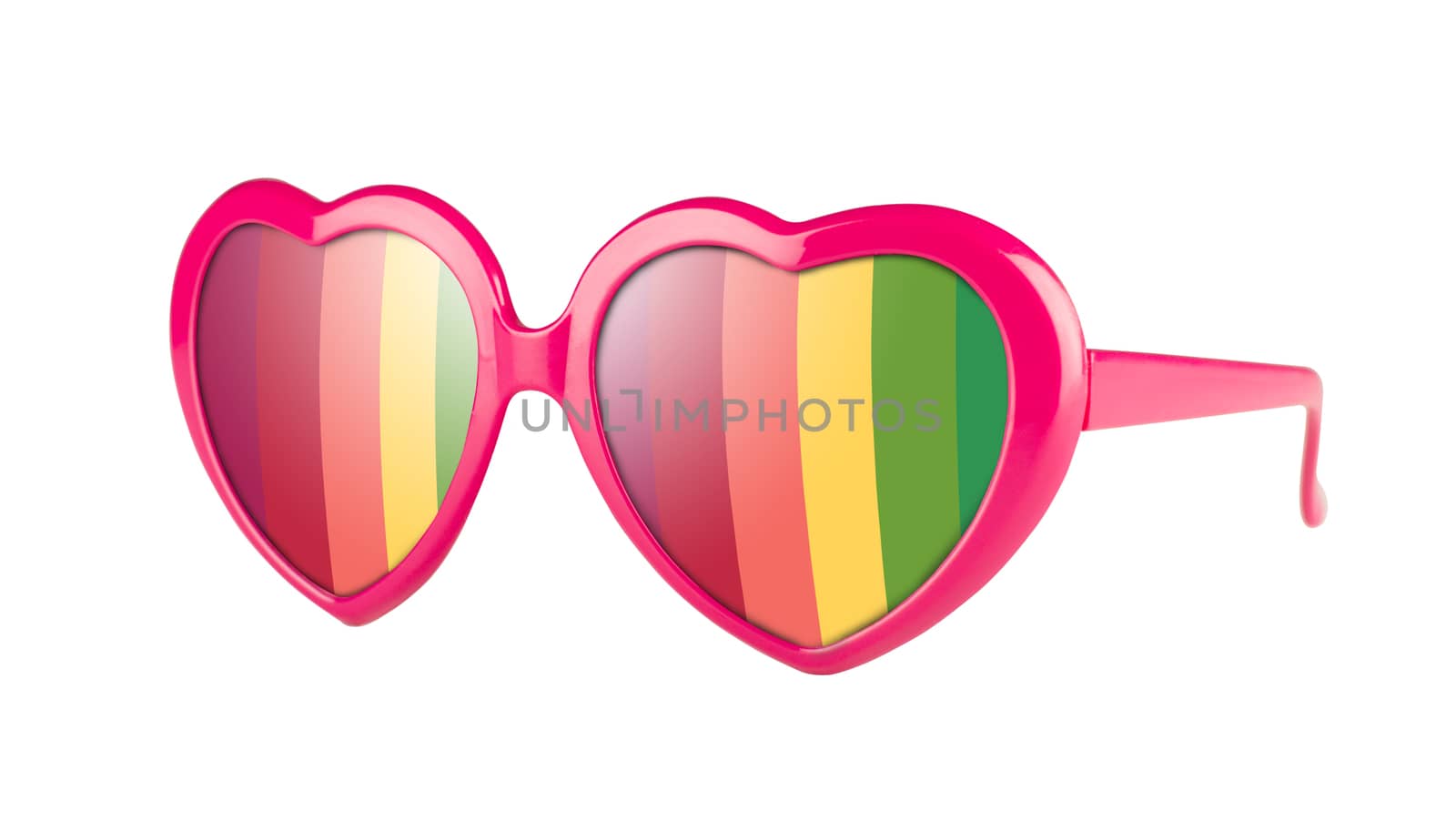 A pair of pink heart shaped pair of glasses with rainbow in the lenses, isolated on white.