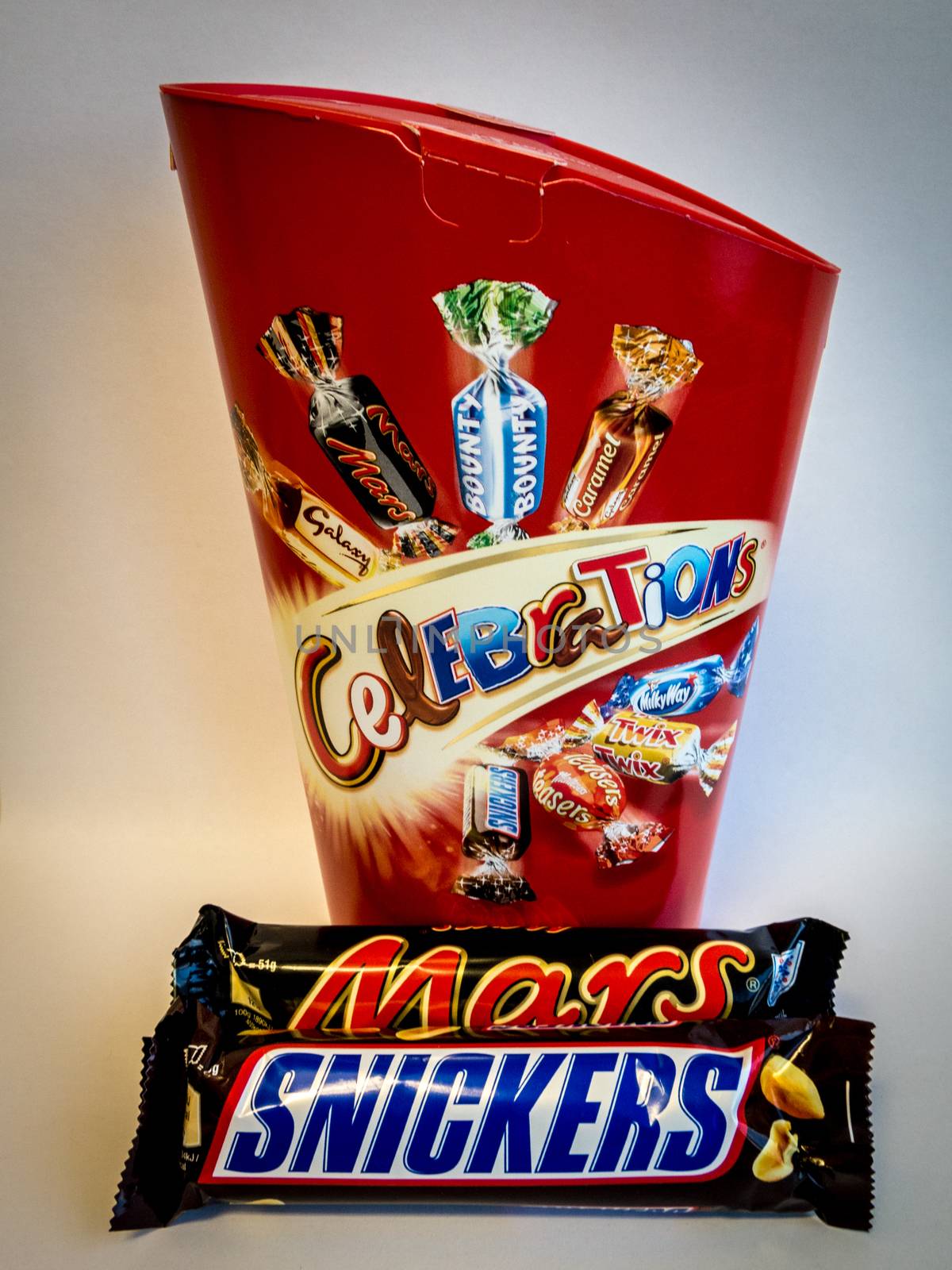 UK, London: A stock photo shows a box of Celebrations a Mars and a Snicker bar after Mars withdrew the popular chocolate confectioneries Mars, Snickers and Celebrations from sale following foreign bodies, believed to plastic, found in the items on February 23, 2016. Mars are investigating the matter. 