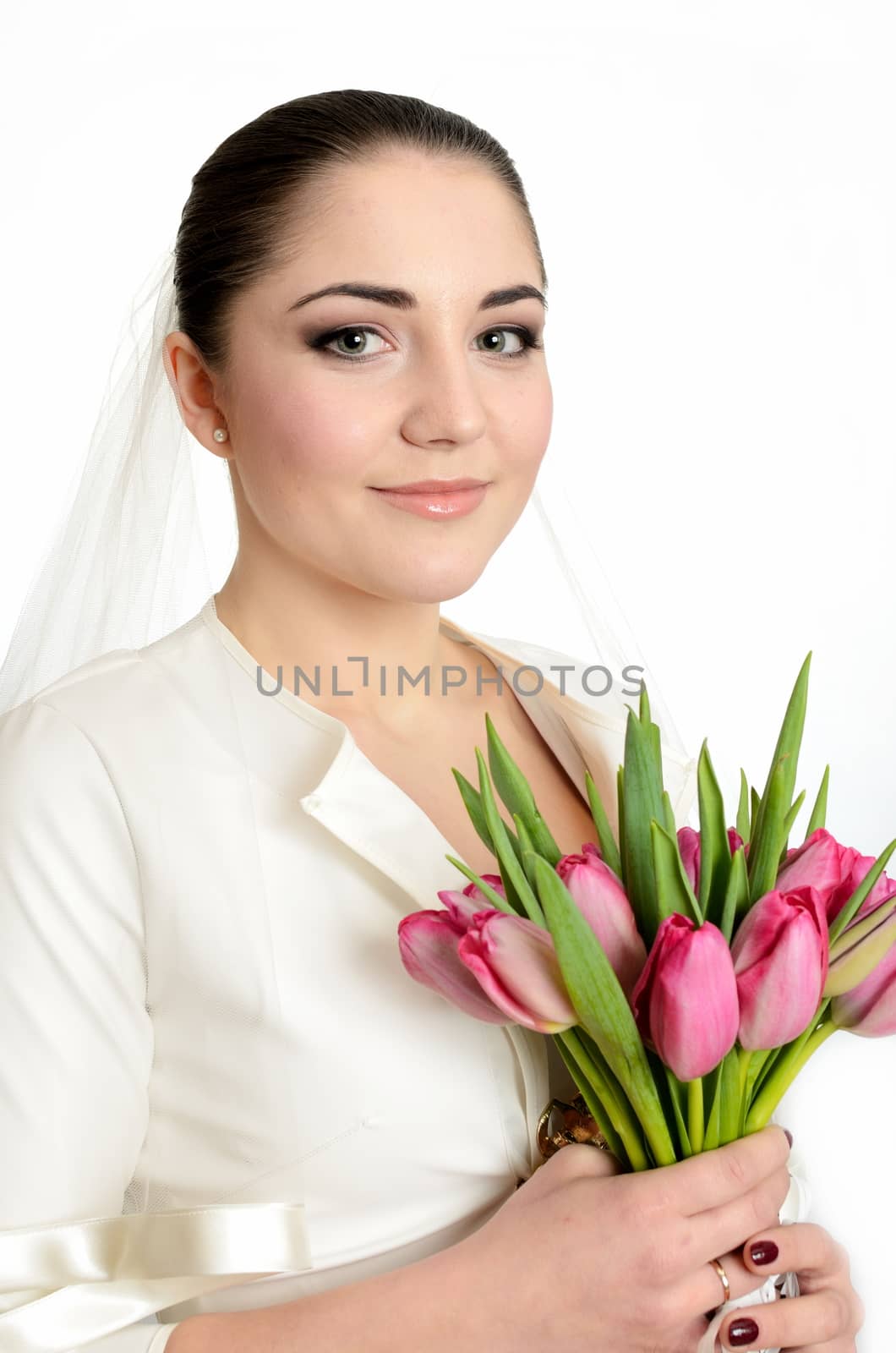 Happy bride with veil and tulips by bartekchiny