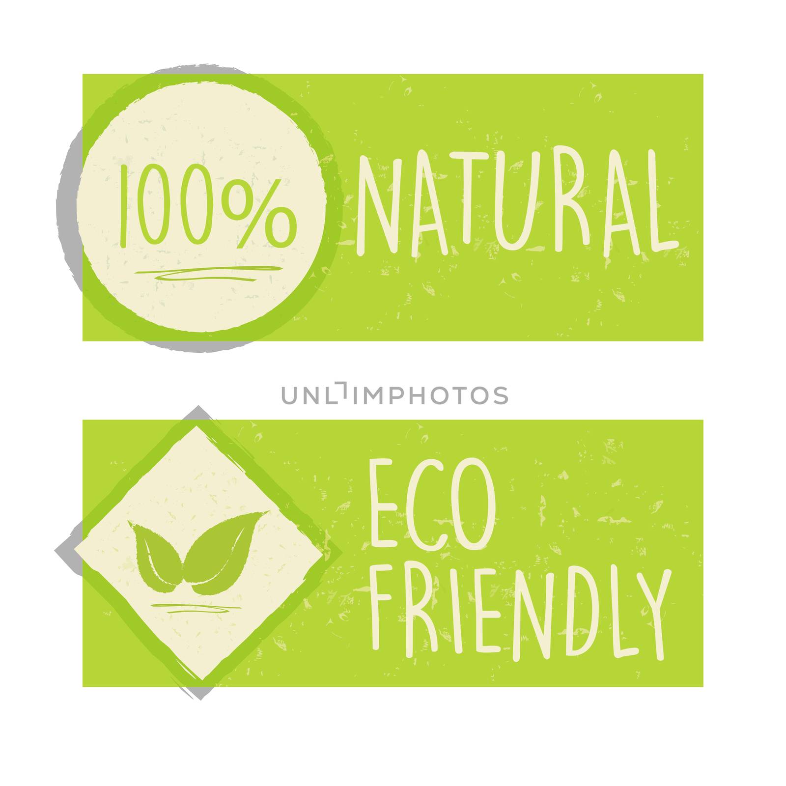 100 percent natural and eco friendly with leaf sign in green banners, bio ecology concept