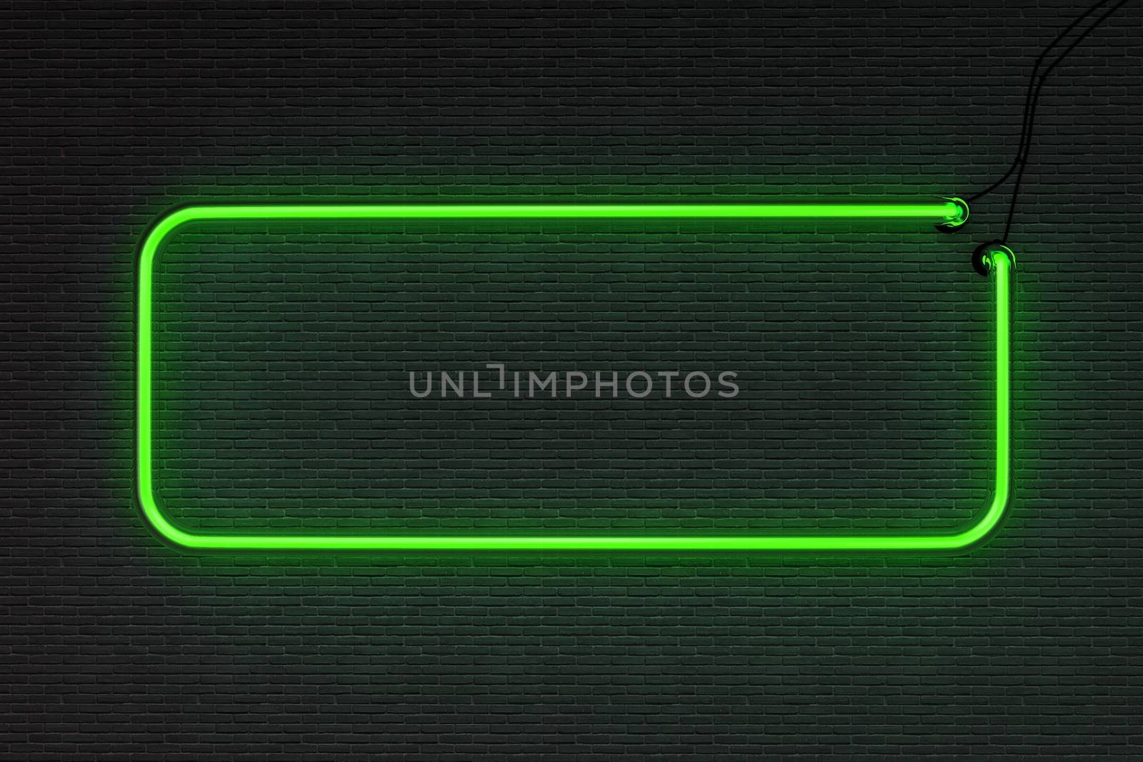 3d render green neon frame isolated on black brick wall background