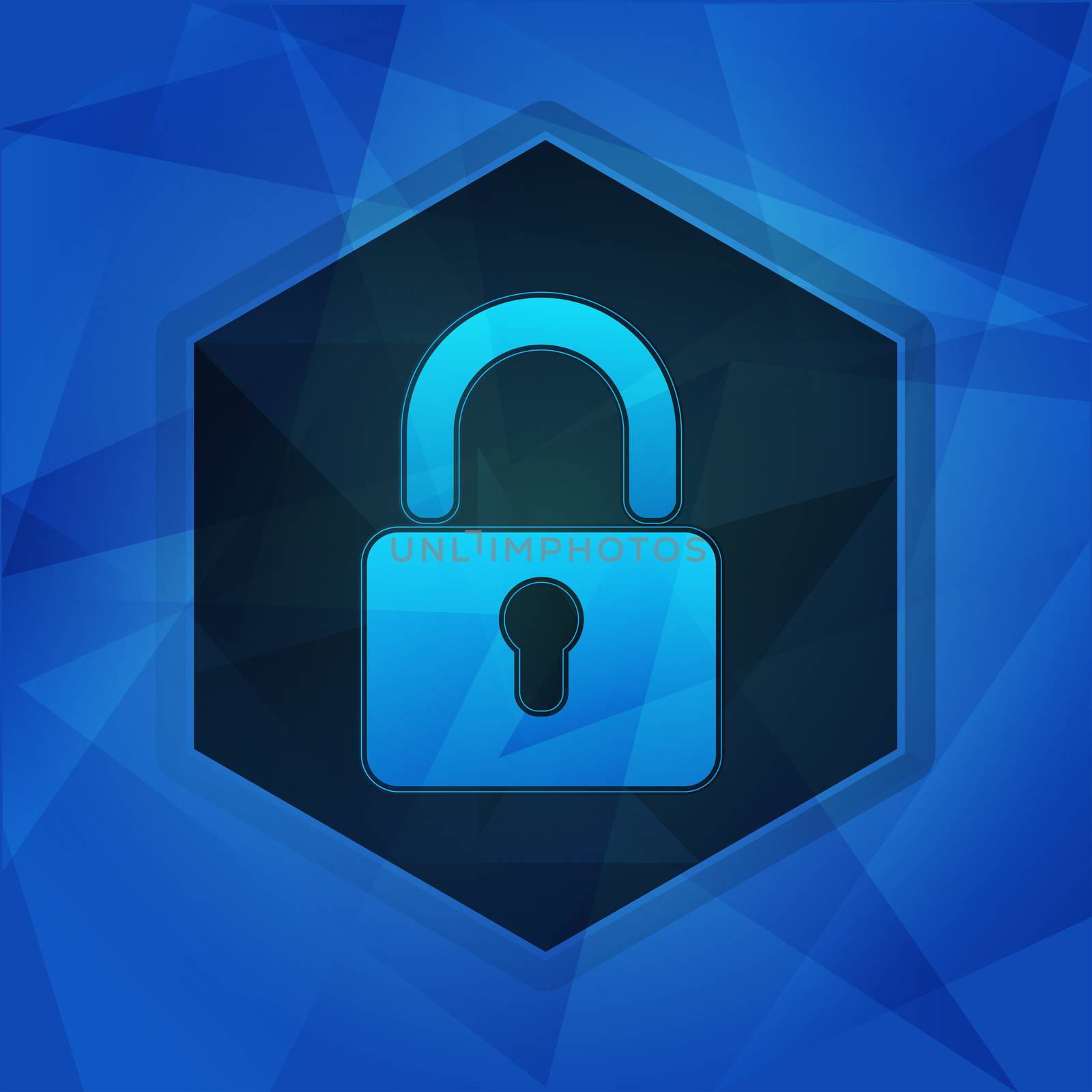 padlock sign over blue background with flat design hexagons, internet technology security concept symbol