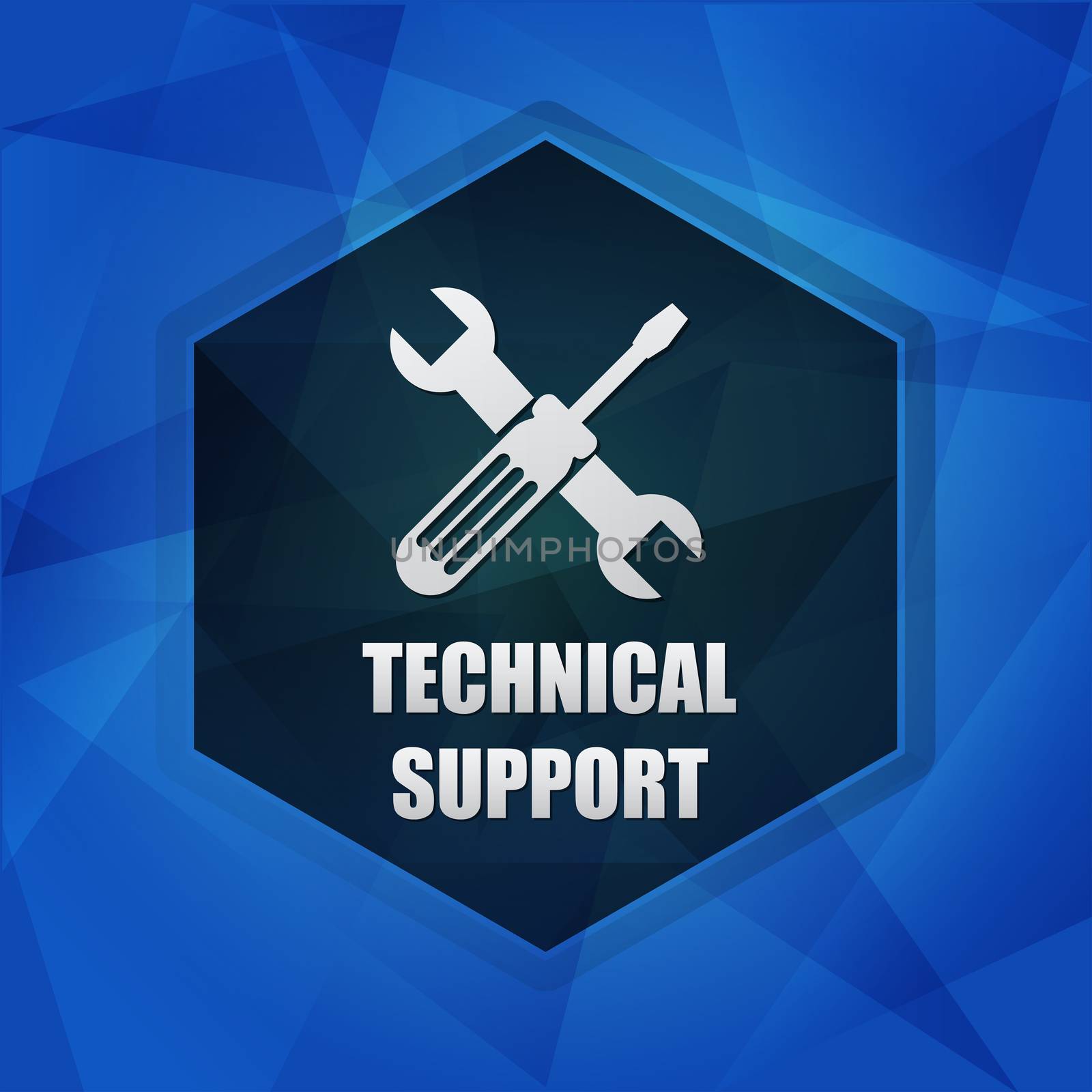 technical support with tools sign over blue background with flat design hexagons, web icon with symbol, business service concept