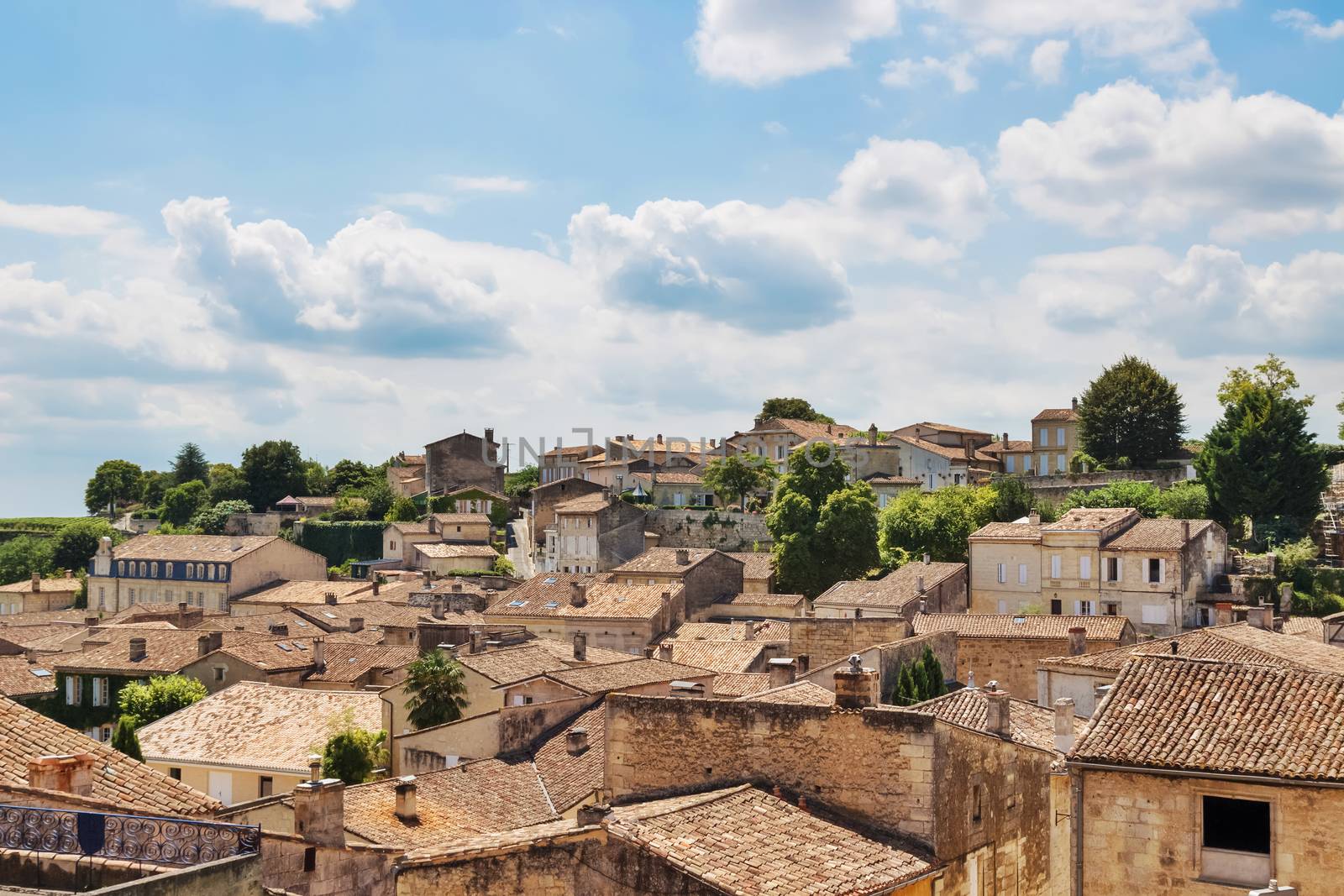 View over picturesque rooftops of Saint-Emilion, one of the principal red wine areas of Bordeaux, in France.