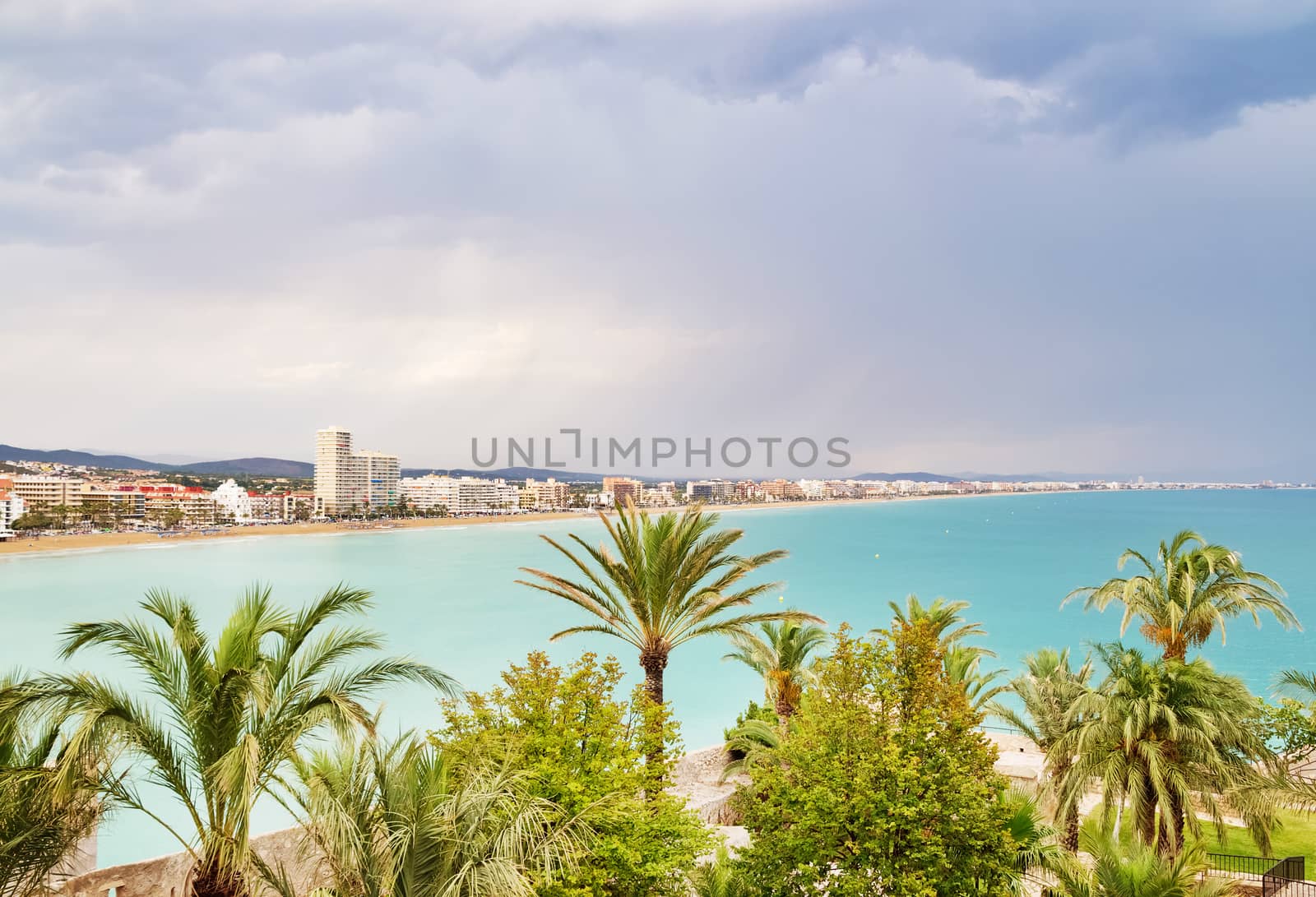 View over the palm trees and coastline of Peniscola, the resort in the province of Castellon, Valencian Community, Spain.