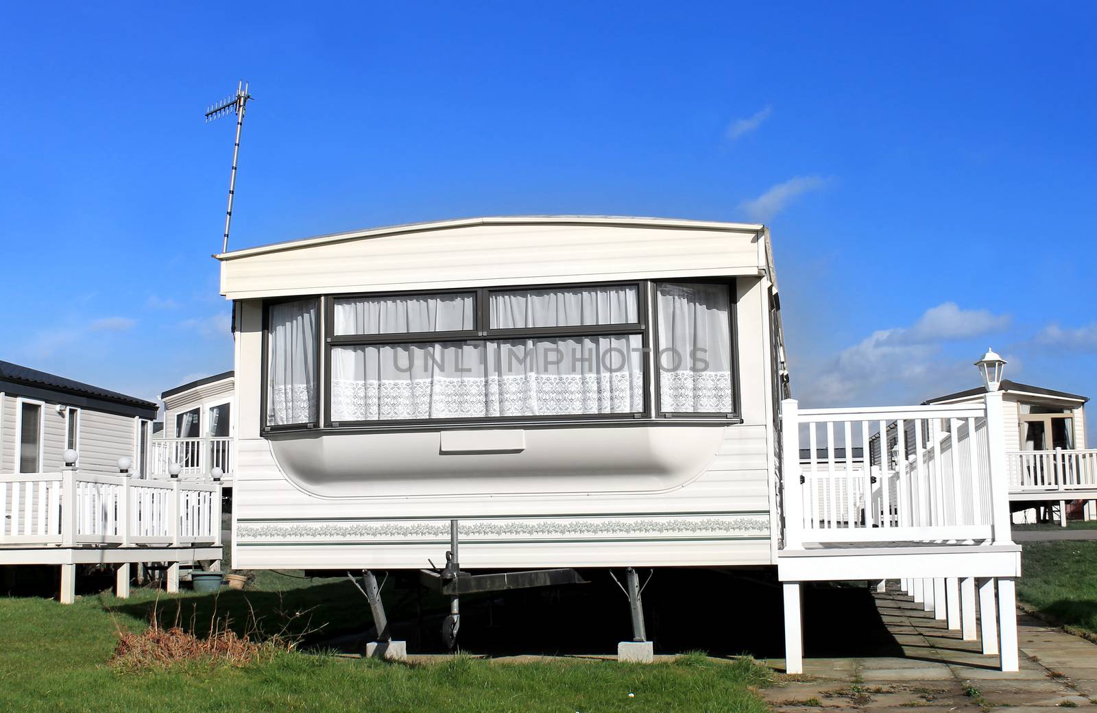 Exterior of luxurious caravans in a trailer park, Scarborough, England.