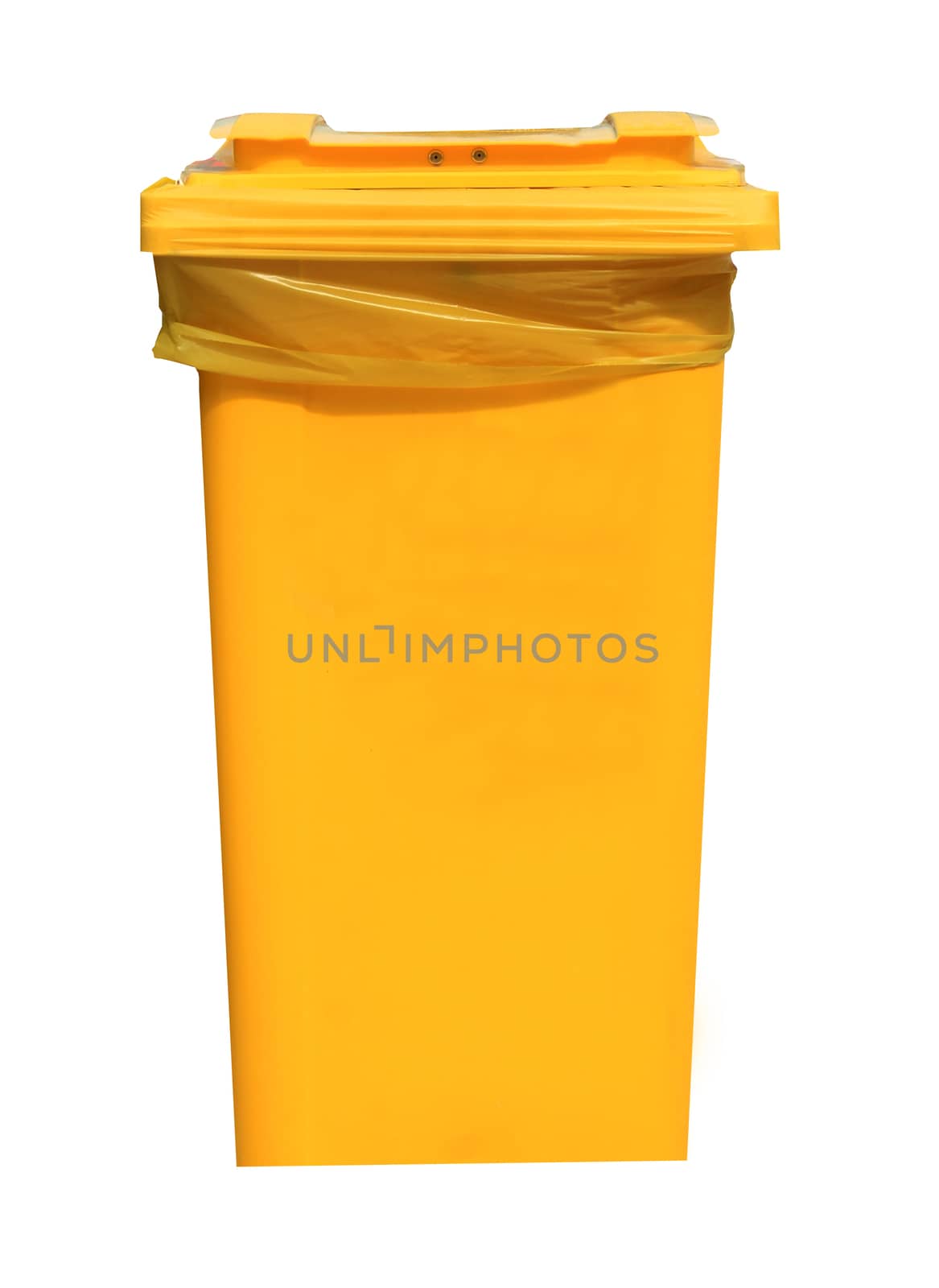 Yellow recycling bin isolated on a white background.