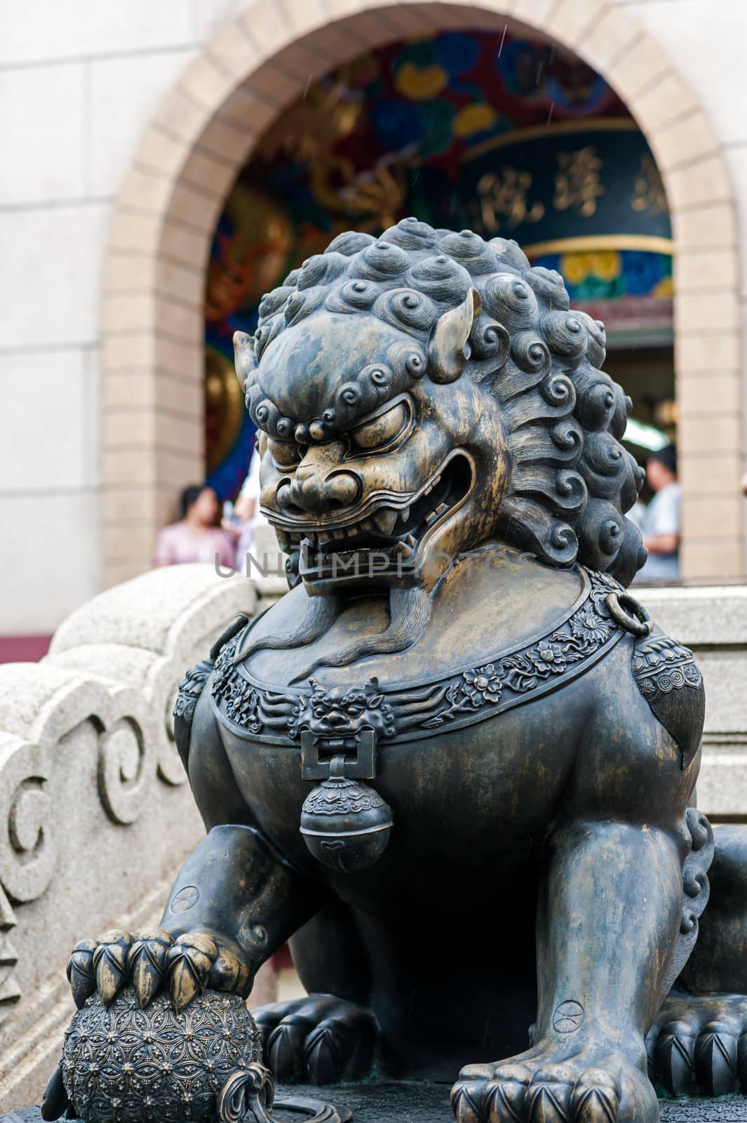 Lion statue in nature place soft light .