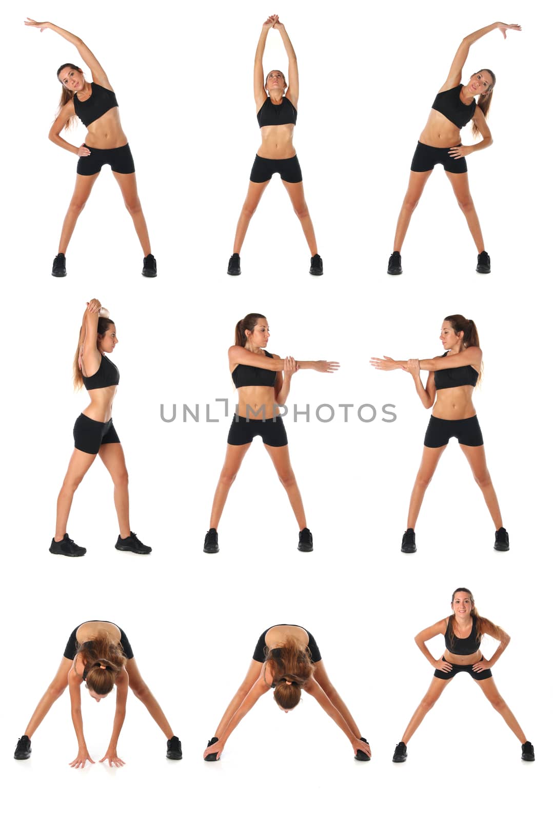 Fitness collage. Young woman doing exercise and  stretching over white